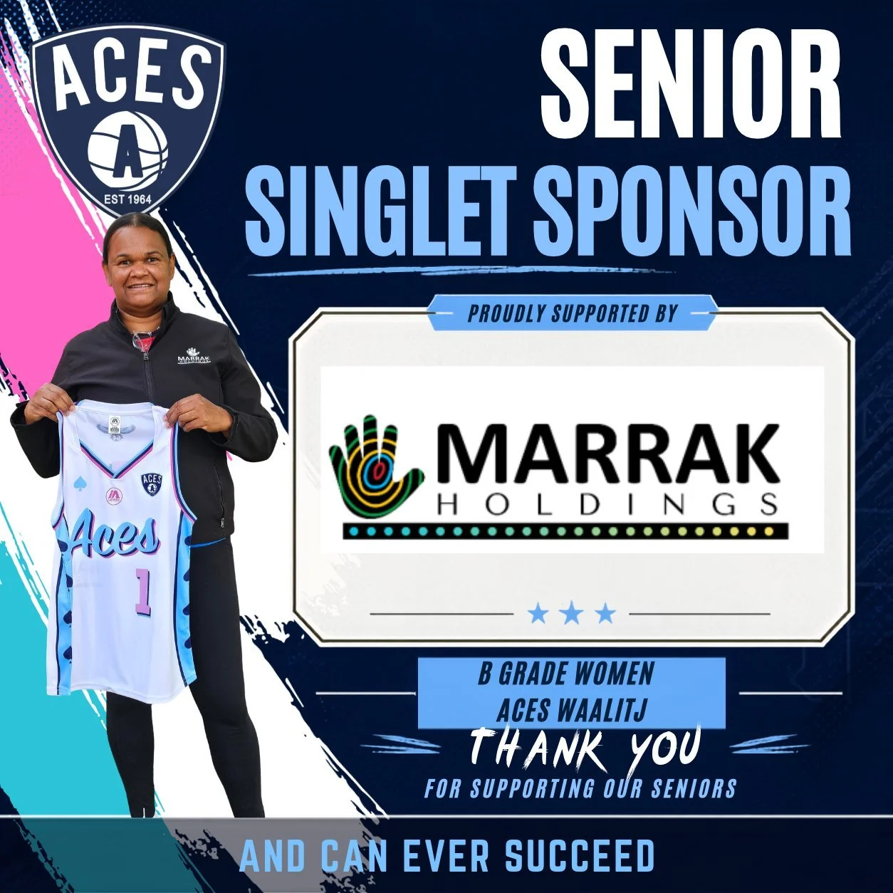 🏀 SENIOR SINGLET SPONSOR | MARRAK HOLDINGS &spades;️💙

Aces Basketball Club would like to recognise and thank Joanne and Arron Hill and the team at Marrak Holdings for proudly supporting our B Grade Women&rsquo;s Aces Waalitj team as their senior s