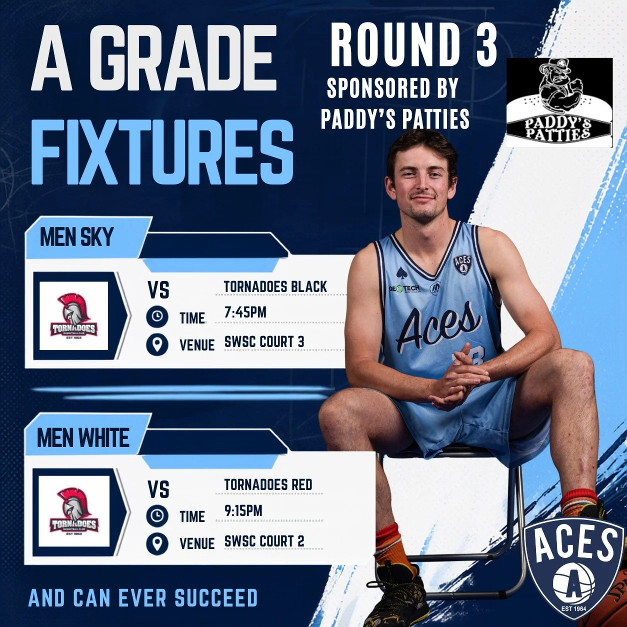 🏀 ROUND 3 | A GRADE FIXTURES &spades;️💙

Round 3 of the Tronox BSBL 2026/27 season is here, with all three Aces A Grade teams in action.

A huge thank you to Paddy&rsquo;s Patties, our proud Round 3 Sponsor, for supporting our players, our club and