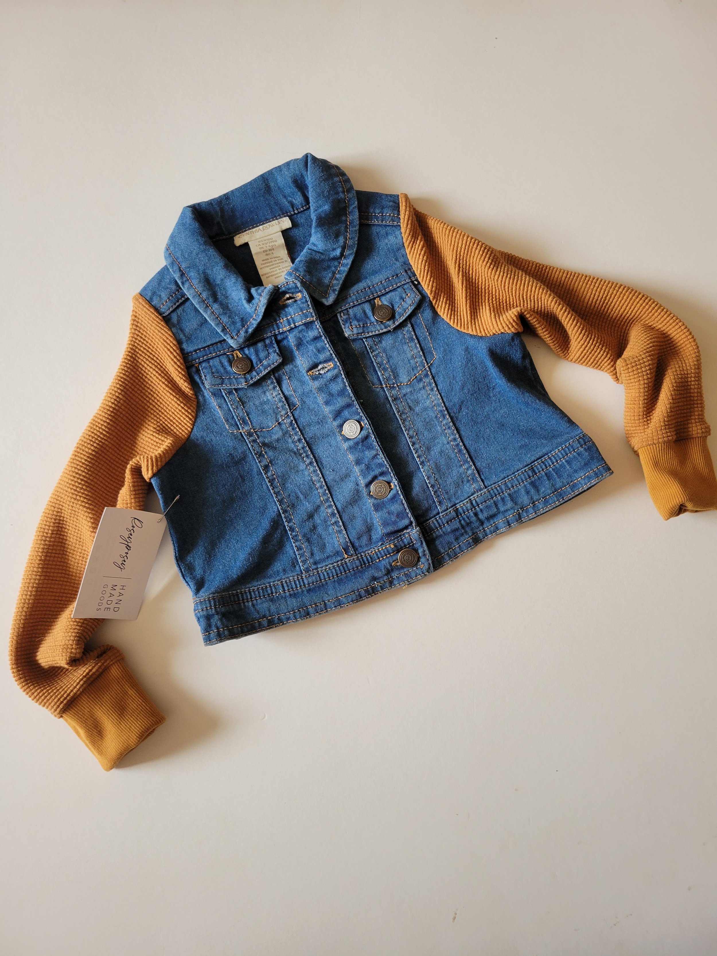4t upcycled jean jacket with caramel sleeves