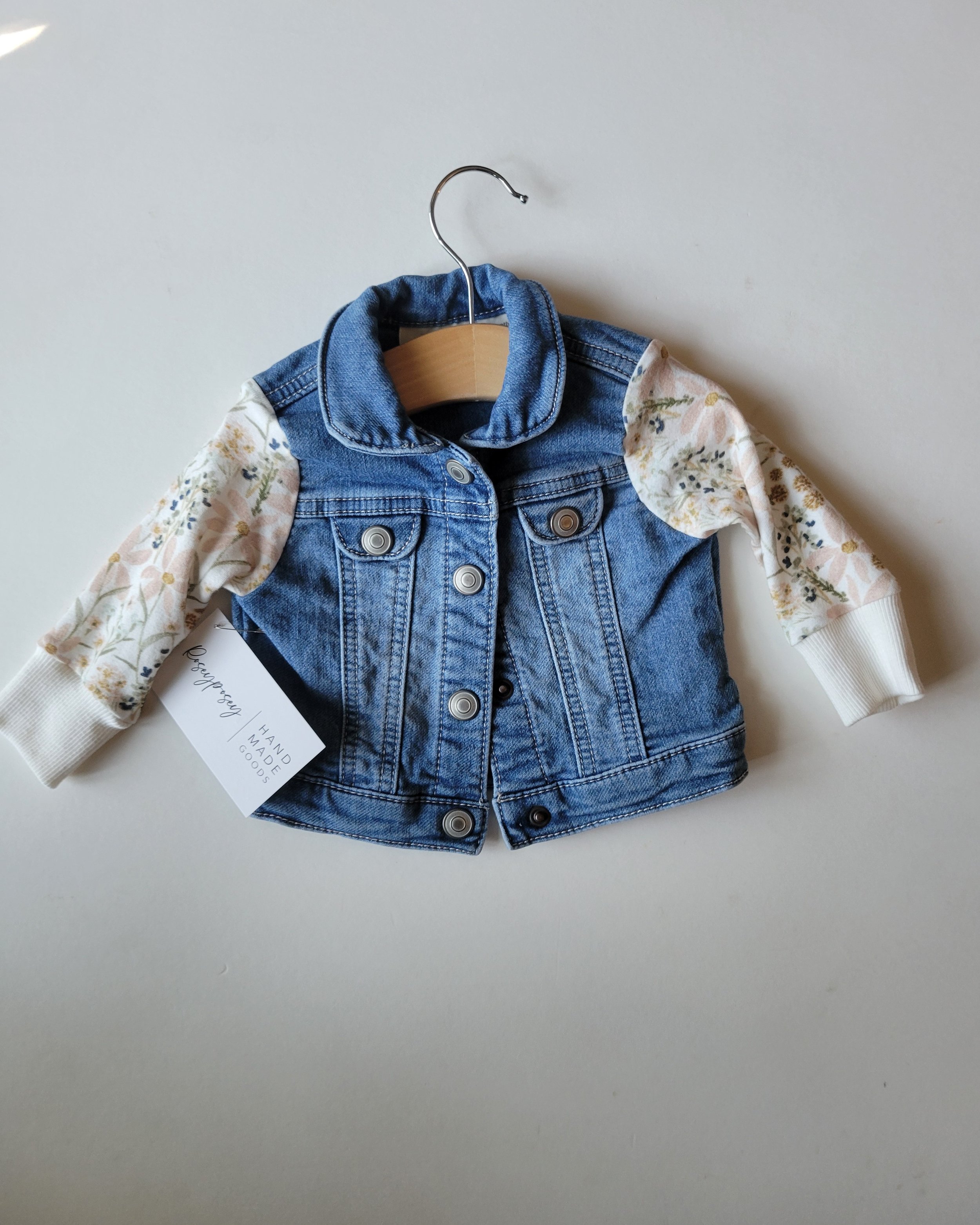 6m upcycled jean jacket with floral sleeves