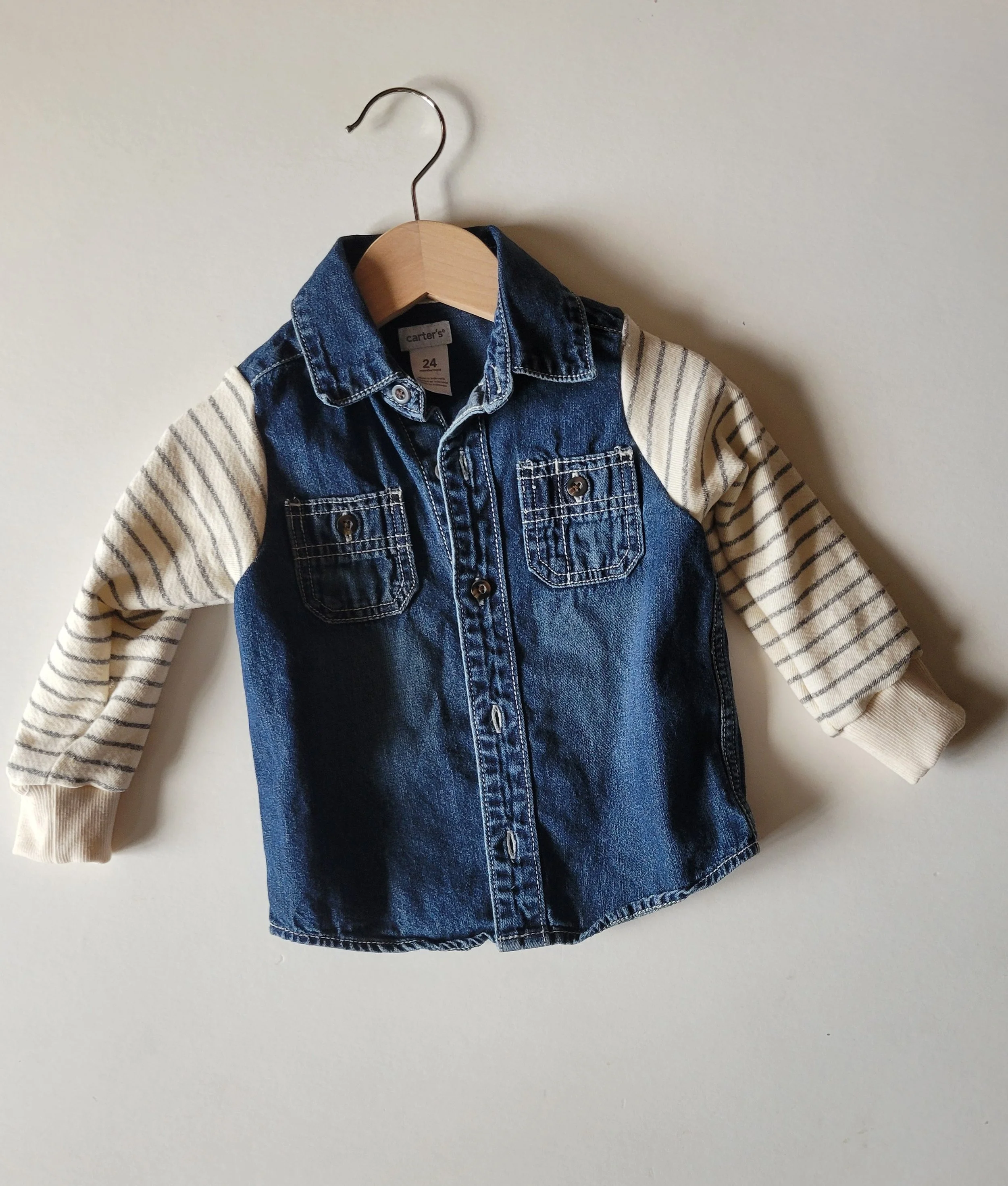 24m upcycled jean jacket with grey striped sleeves