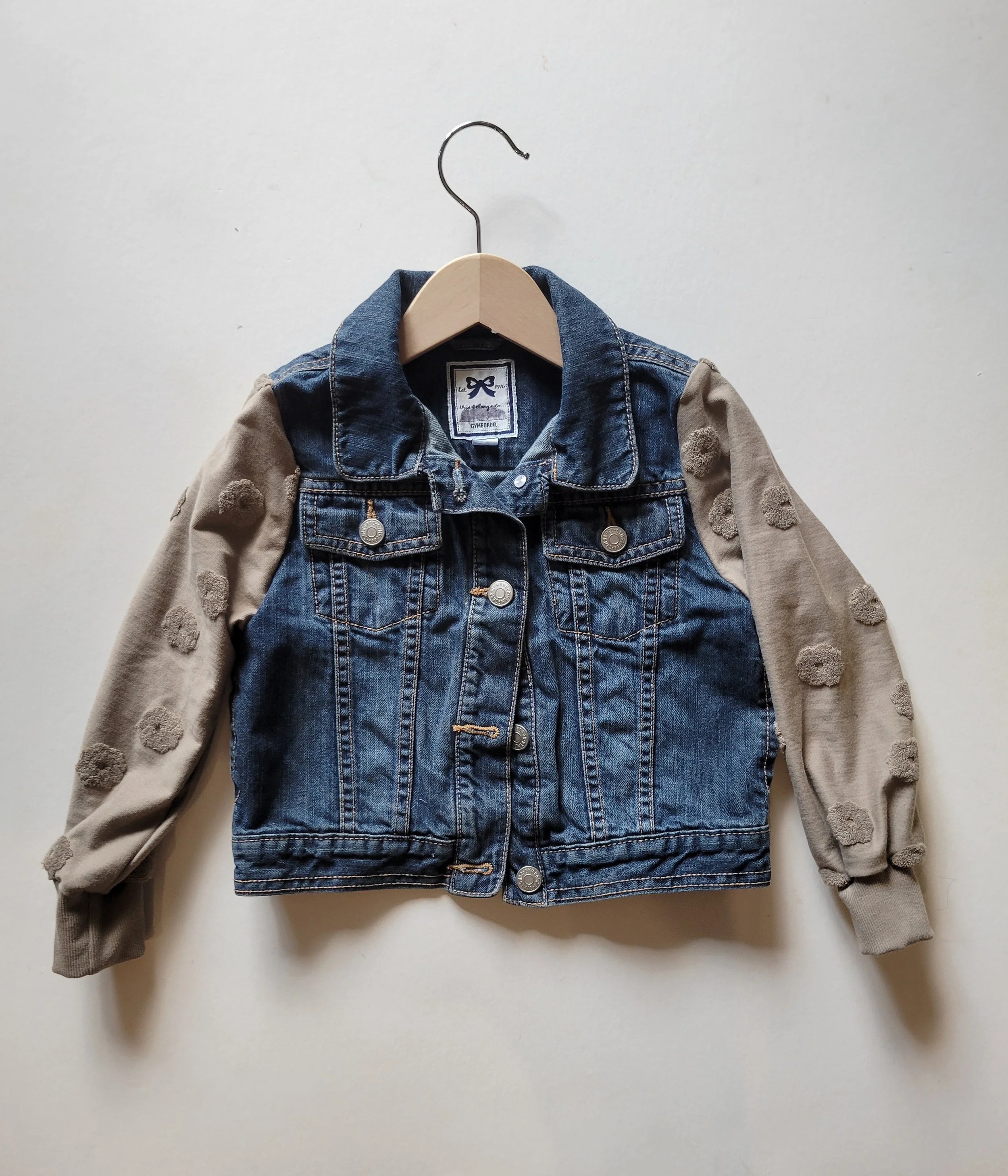 5/6 upcycled jean jacket with latte floral sleeves