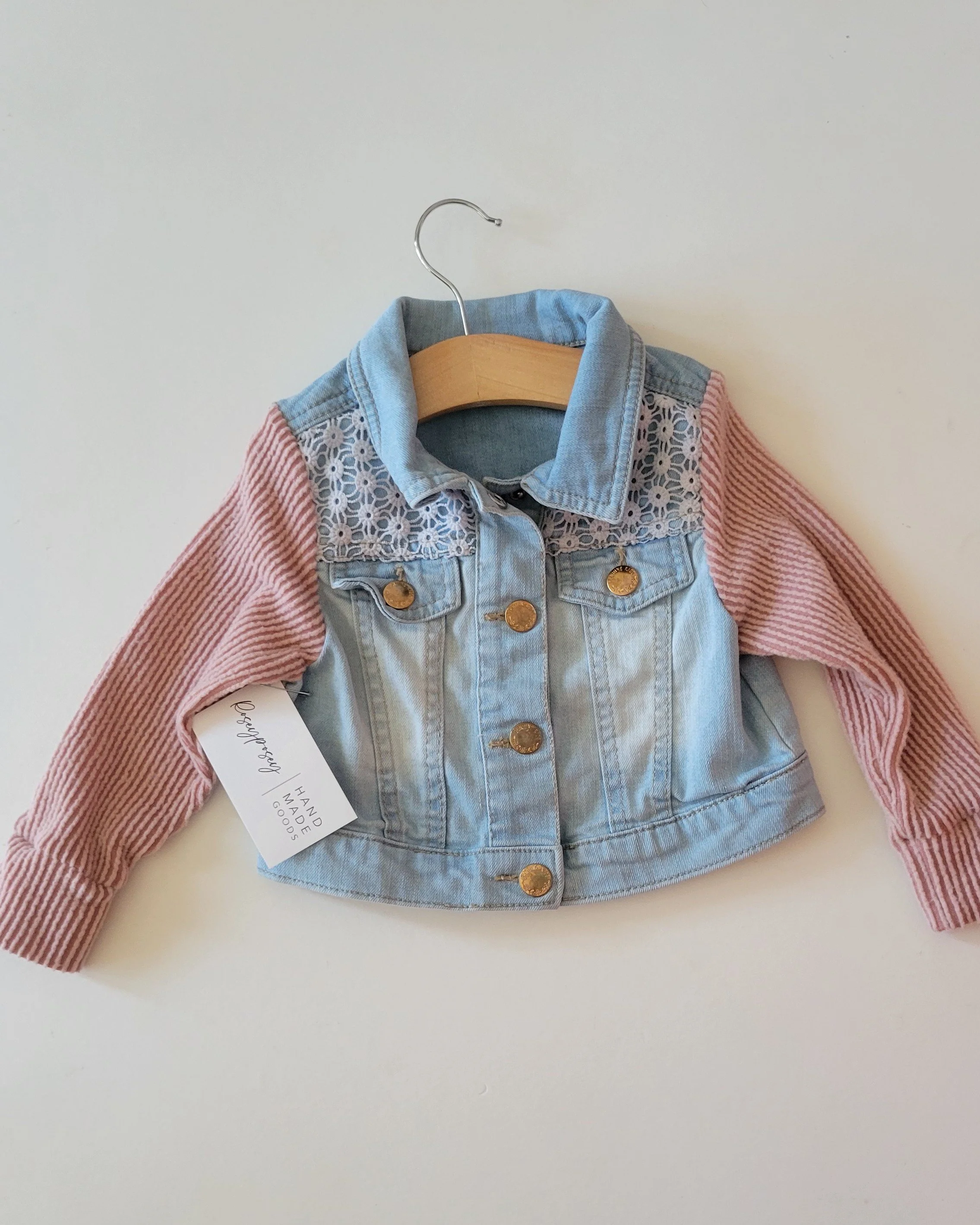 2t upcycled jean jacket with pink rib sleeves