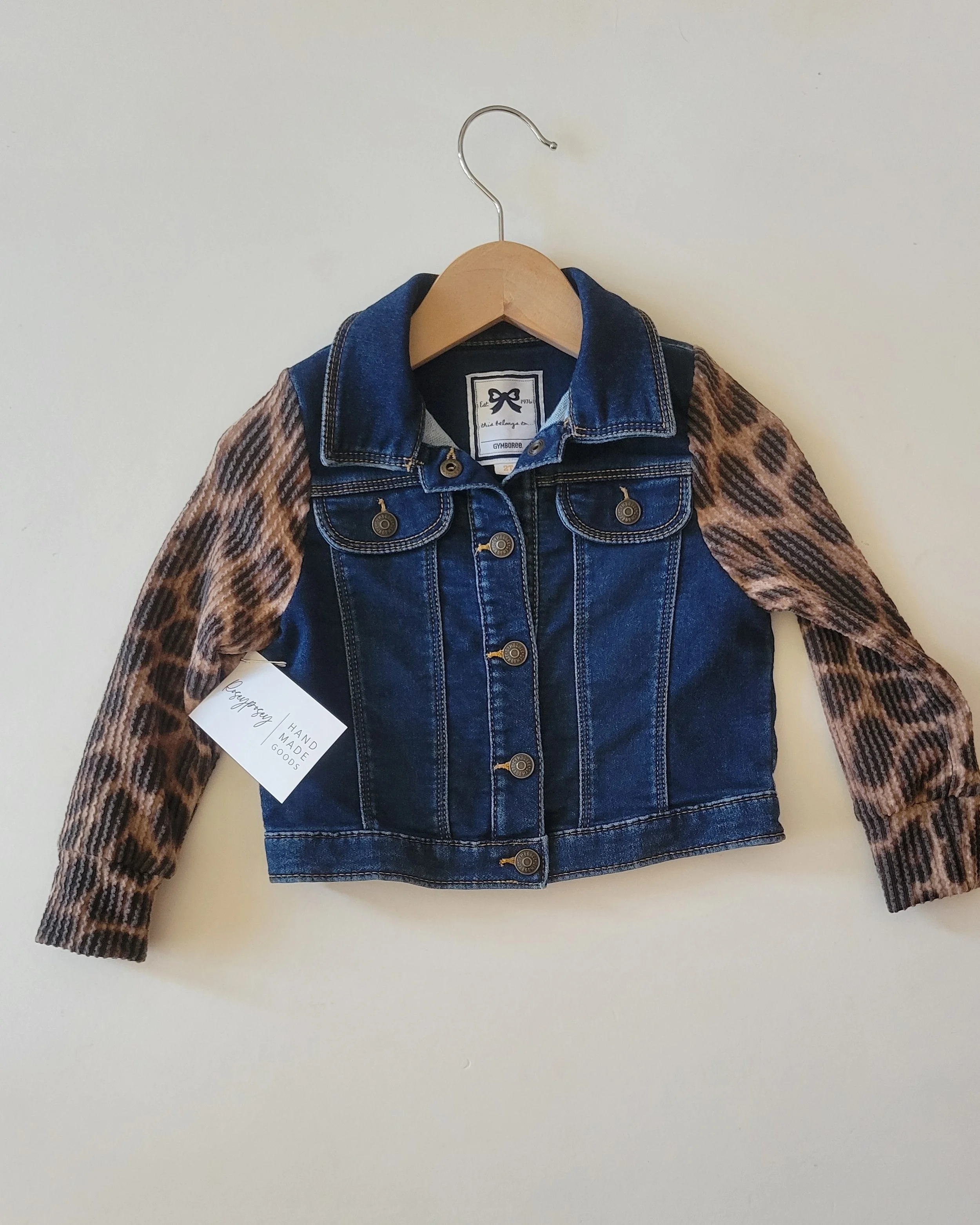 2t upcycled jean jacket with cheetah sleeves