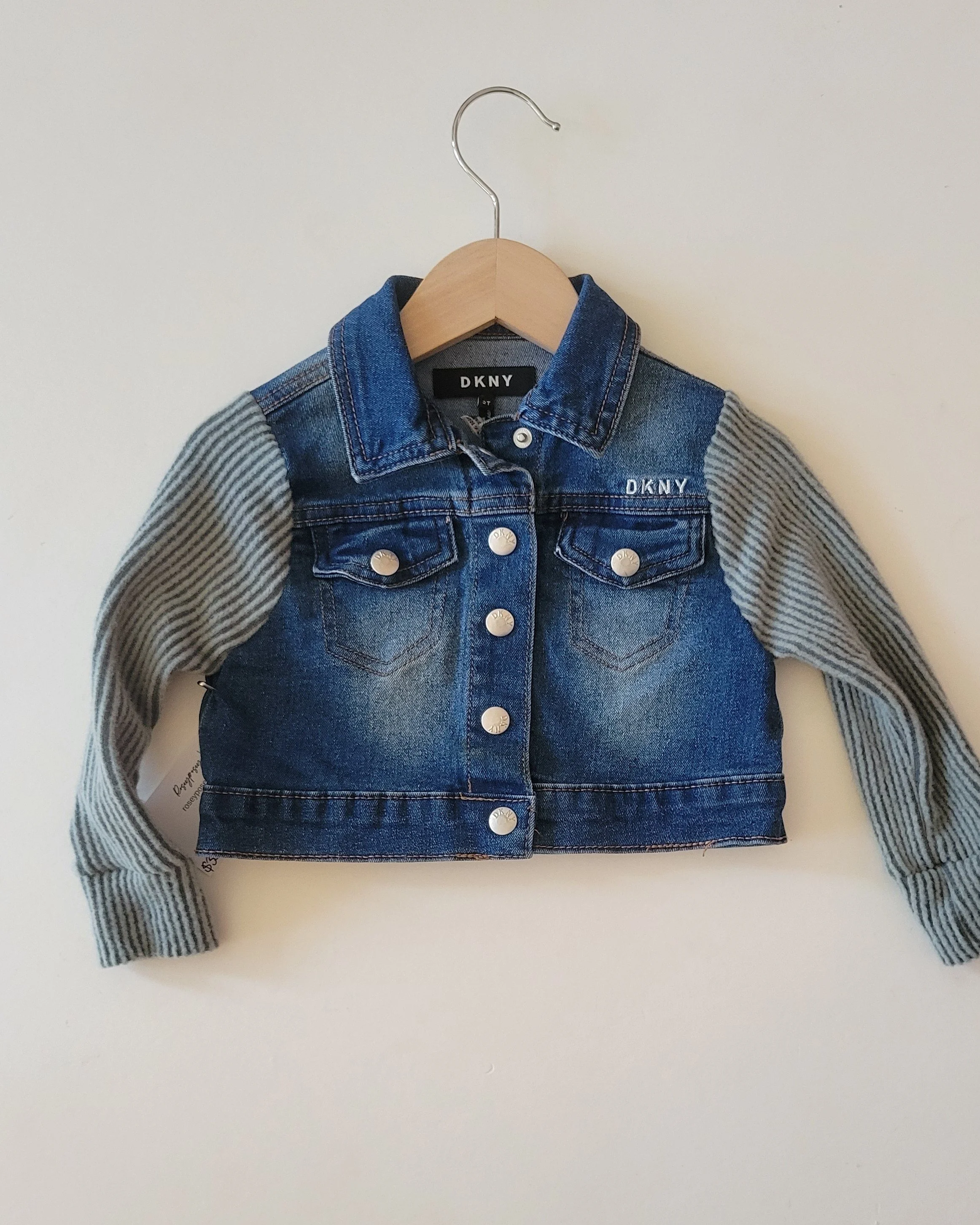 2t upcycled jean jacket with seafoam green sleeves