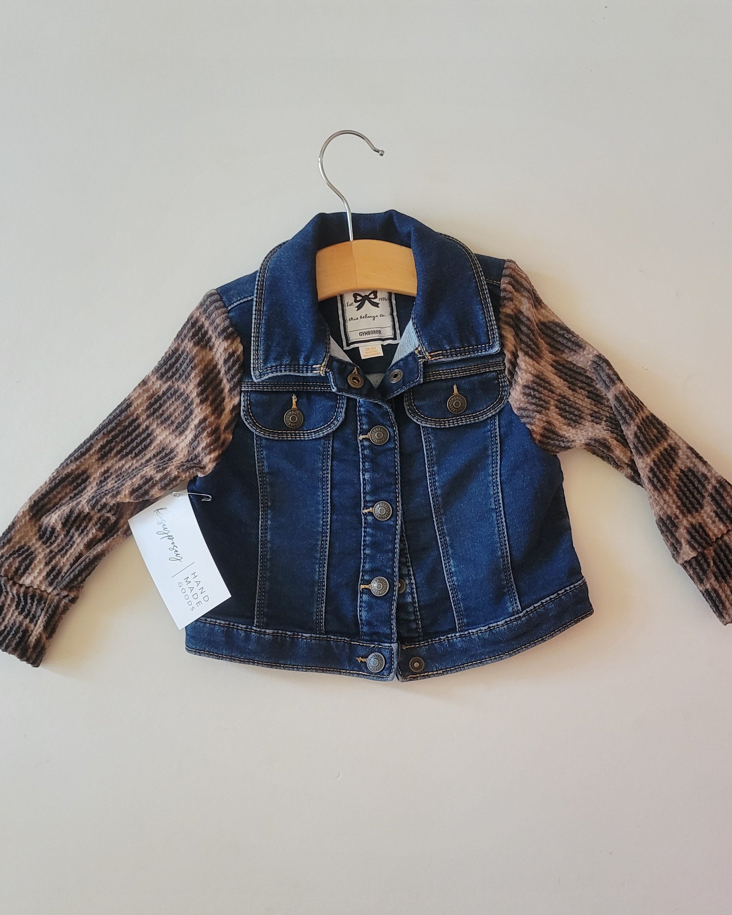 18m-24m upcycled jean jacket with cheetah sleeves