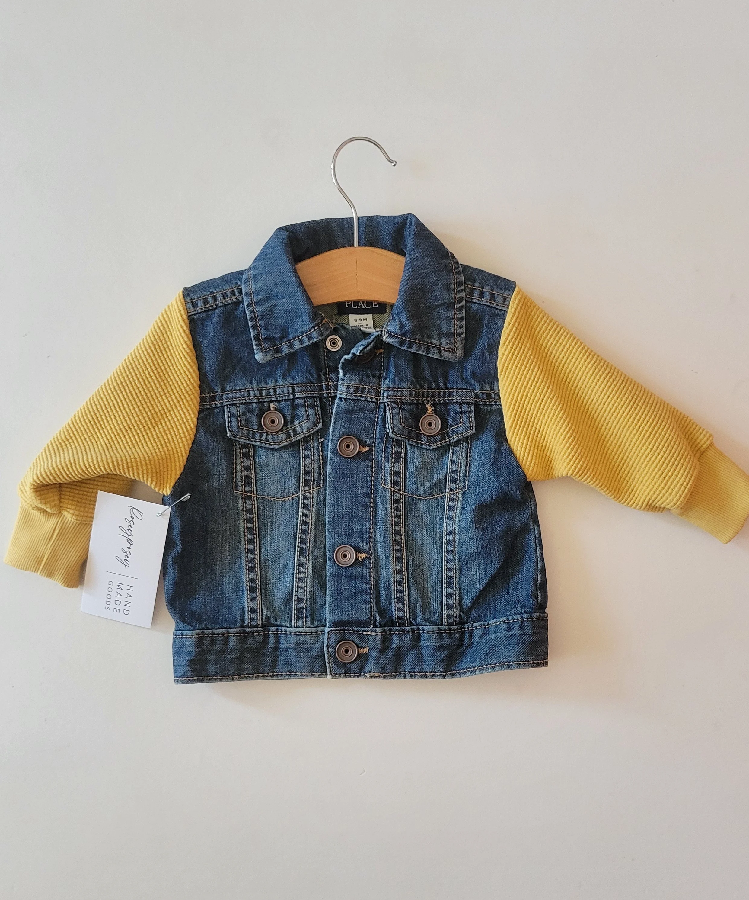 12m-18m upcycled jean jacket with golden sleeves