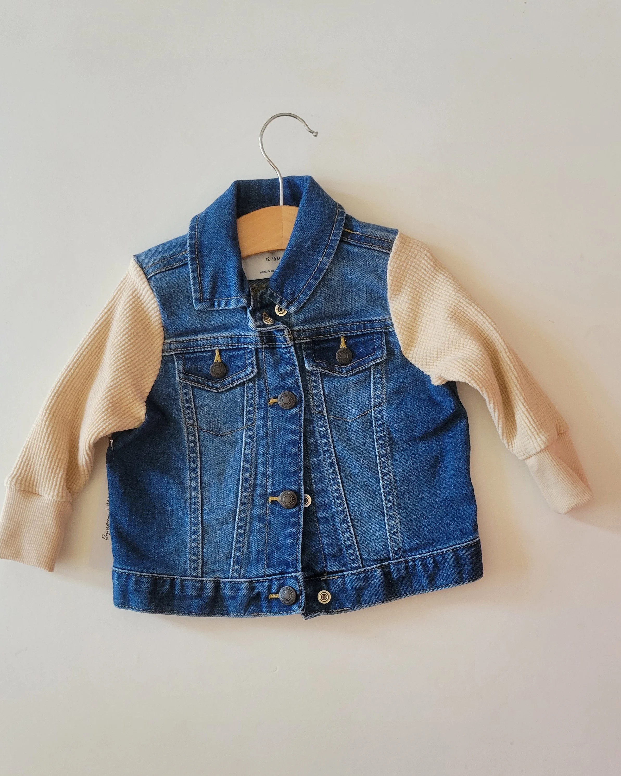 12m-18m upcycled jean jacket with cream sleeves