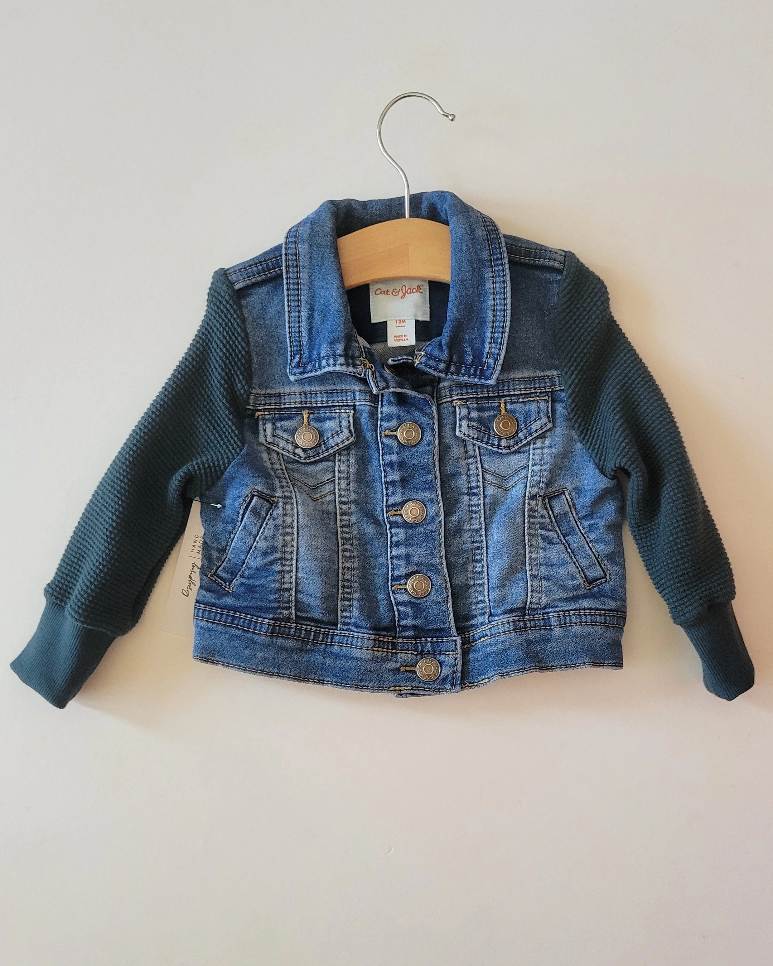 12m upcycled jean jacket with turquoise