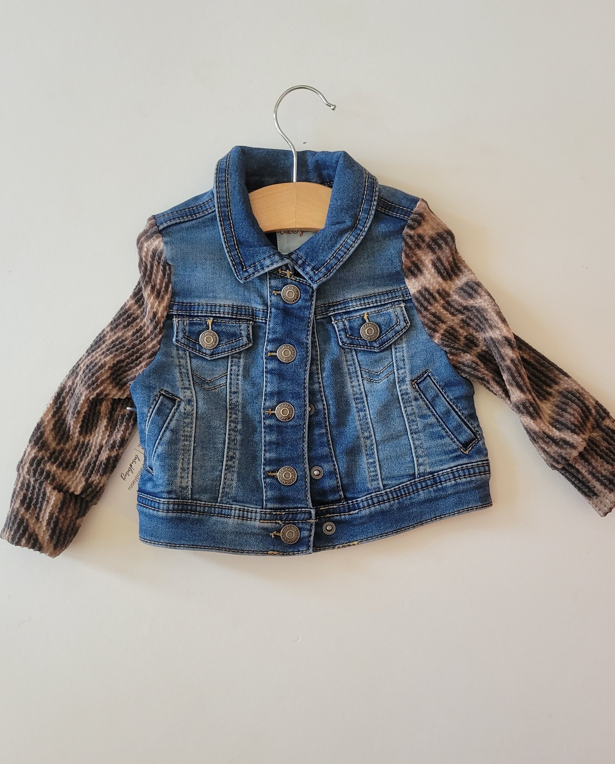 12m upcycled jean jacket with cheetah sleeves