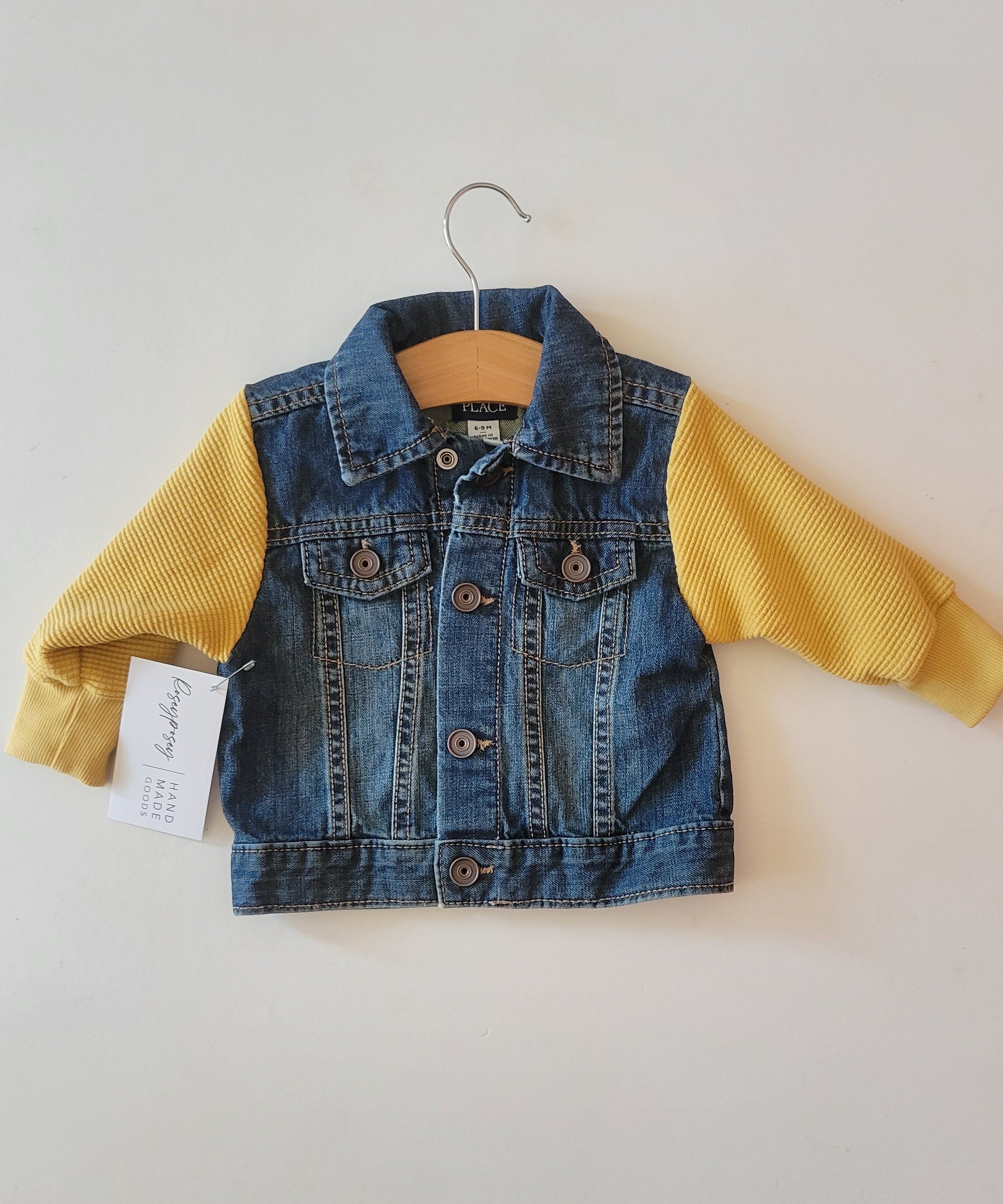 6-9m upcycled jean jacket with golden sleeves