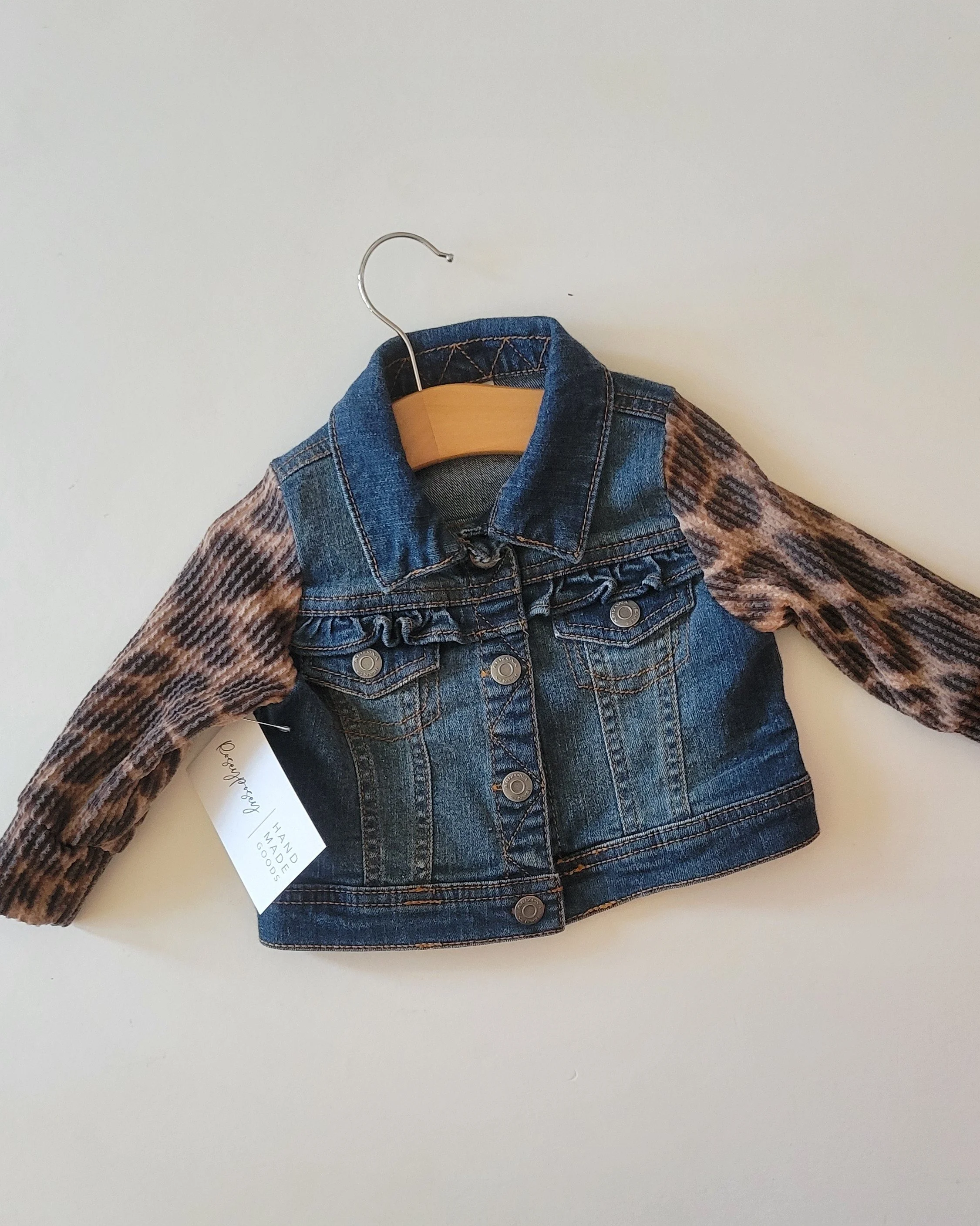 9m upcycled jean jacket with cheetah sleeves