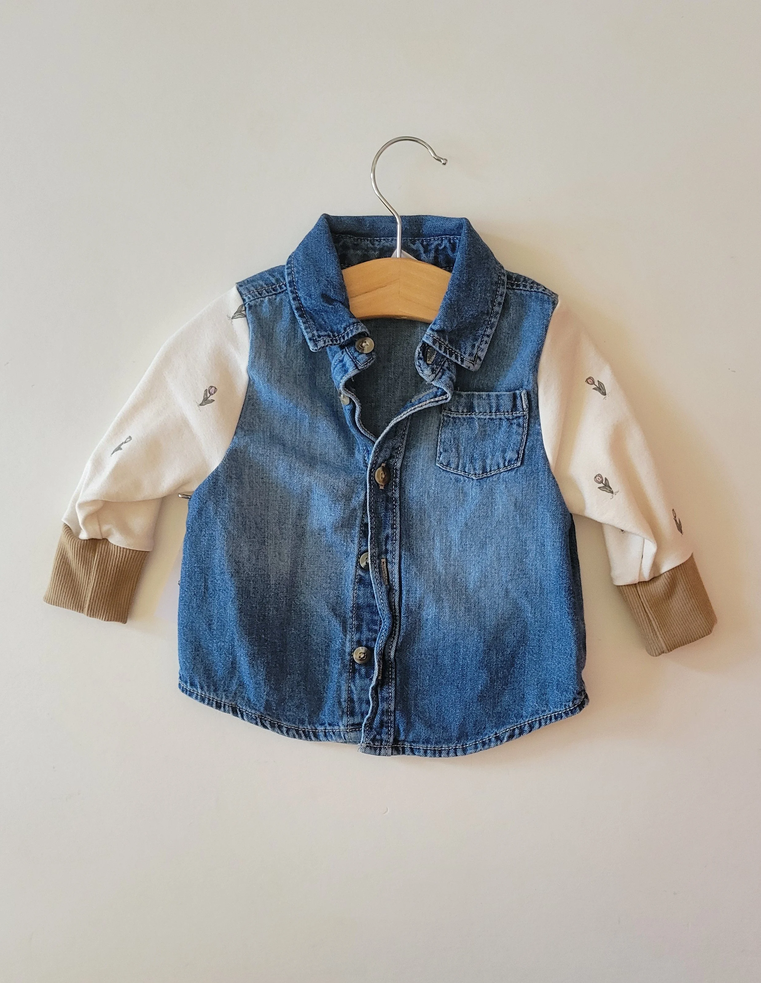 6-12m upcycled jean jacket with tulip sleeves