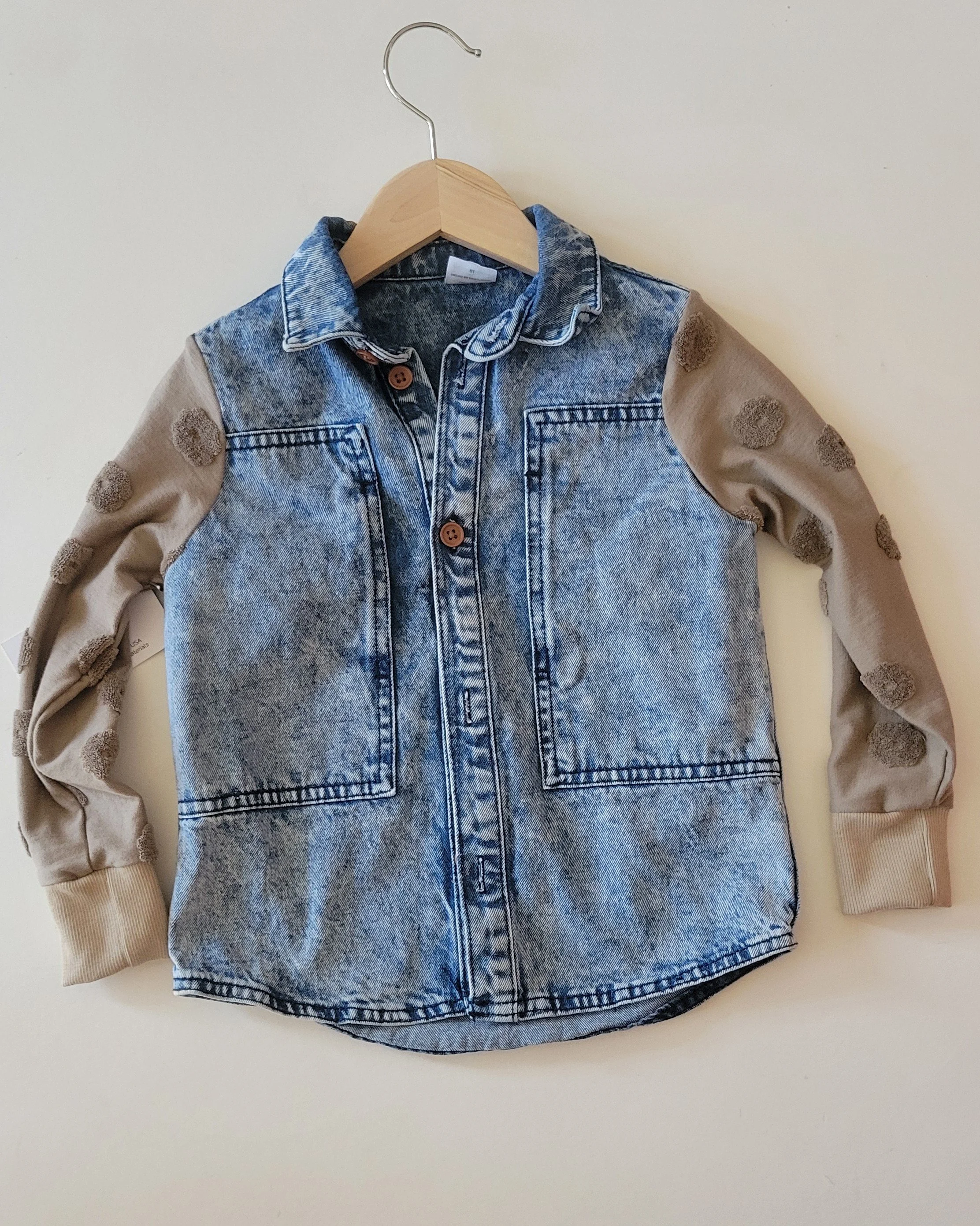 5t upcycled jean jacket with latte floral sleeves