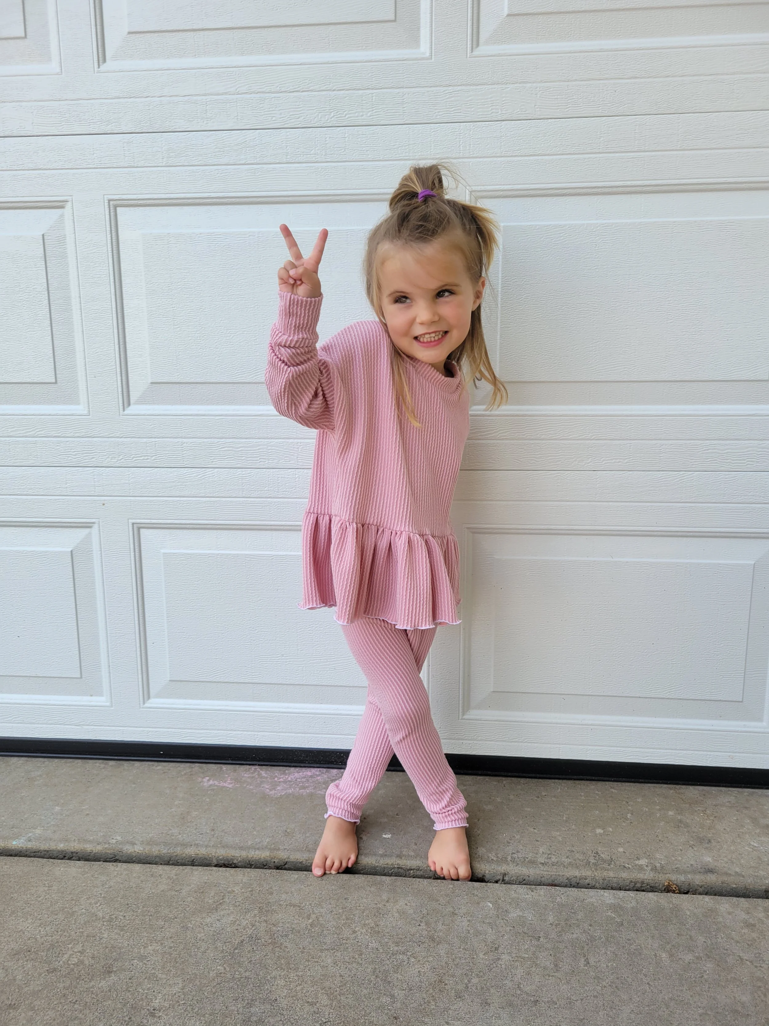 Dusty Pink Rib Set | Ruffle Peplum + Pants