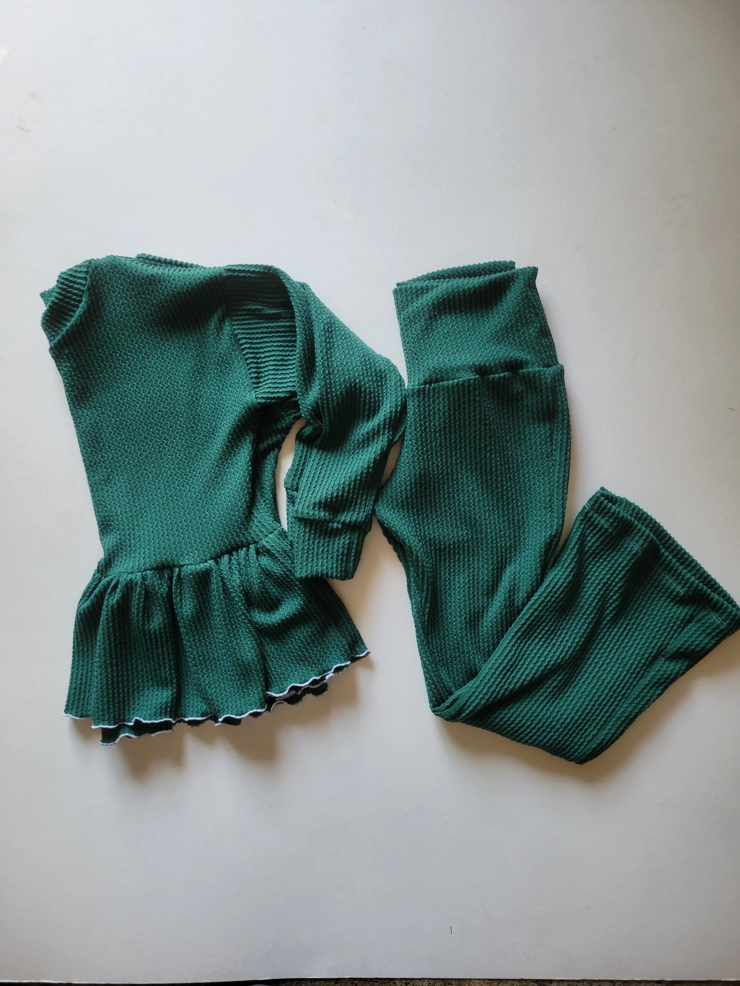 Green Rib Knit Ruffle Peplum Set