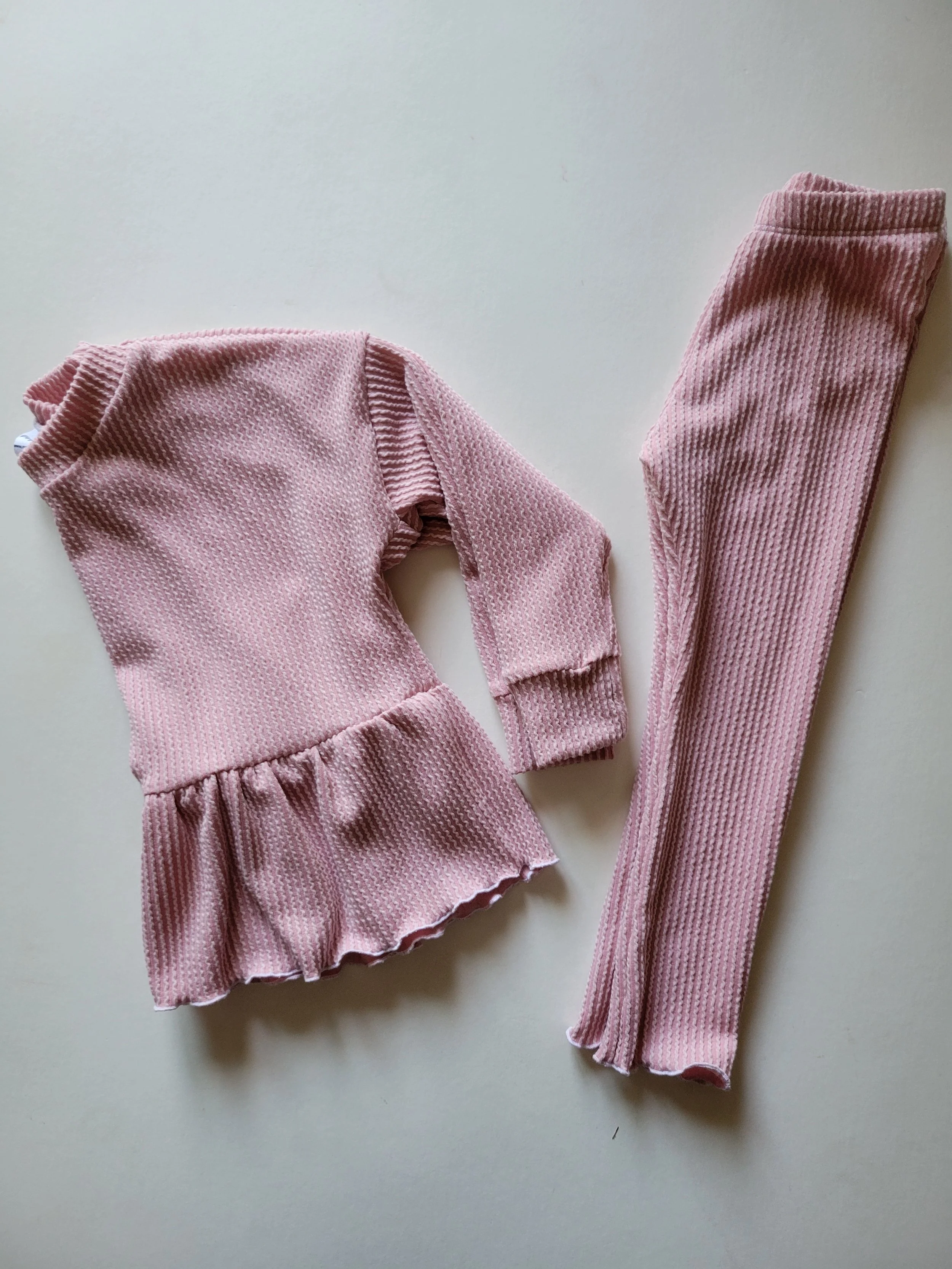 Pink Rib Knit Ruffle Peplum Set