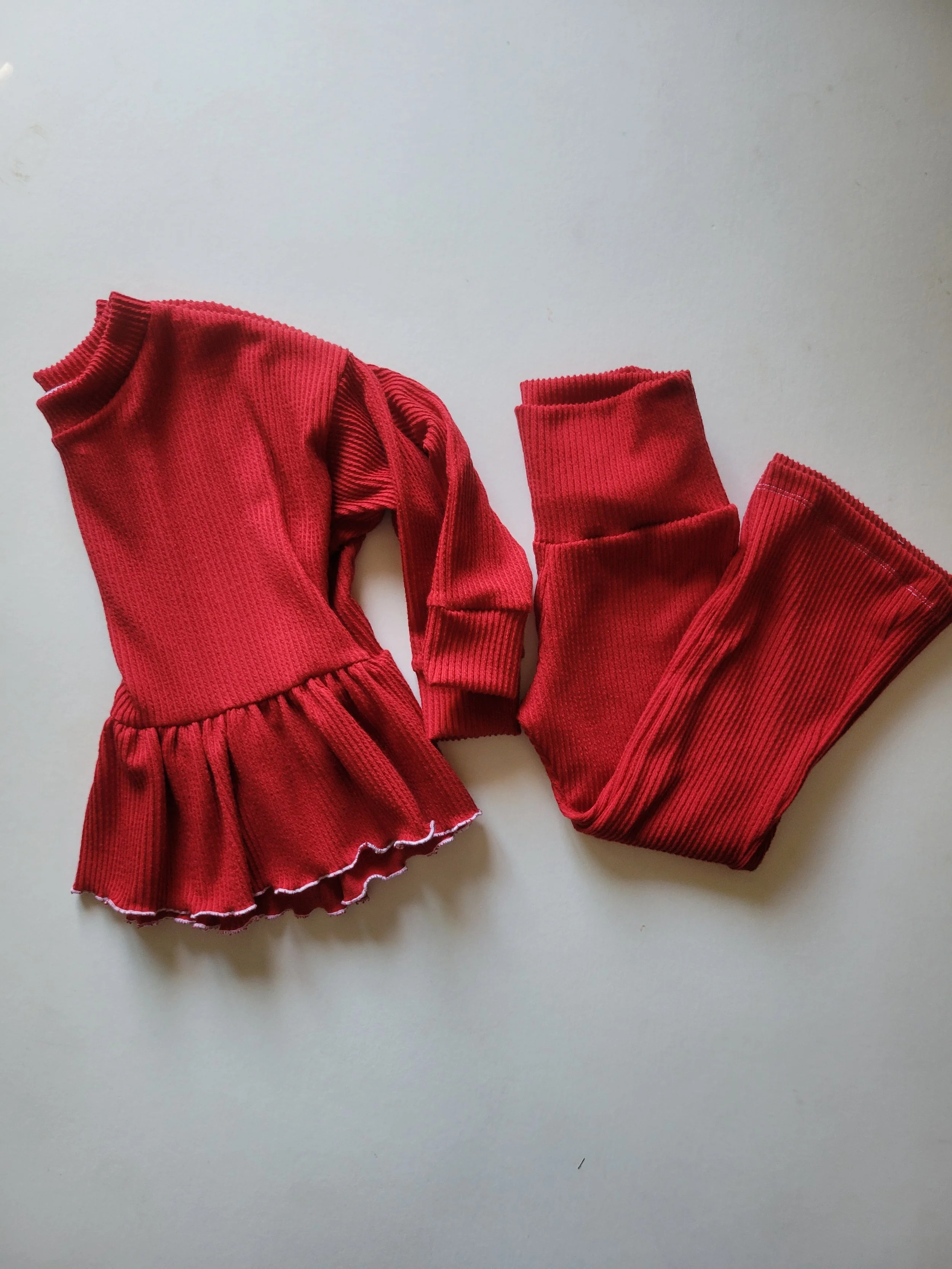 Red Rib Knit Ruffle Peplum Set