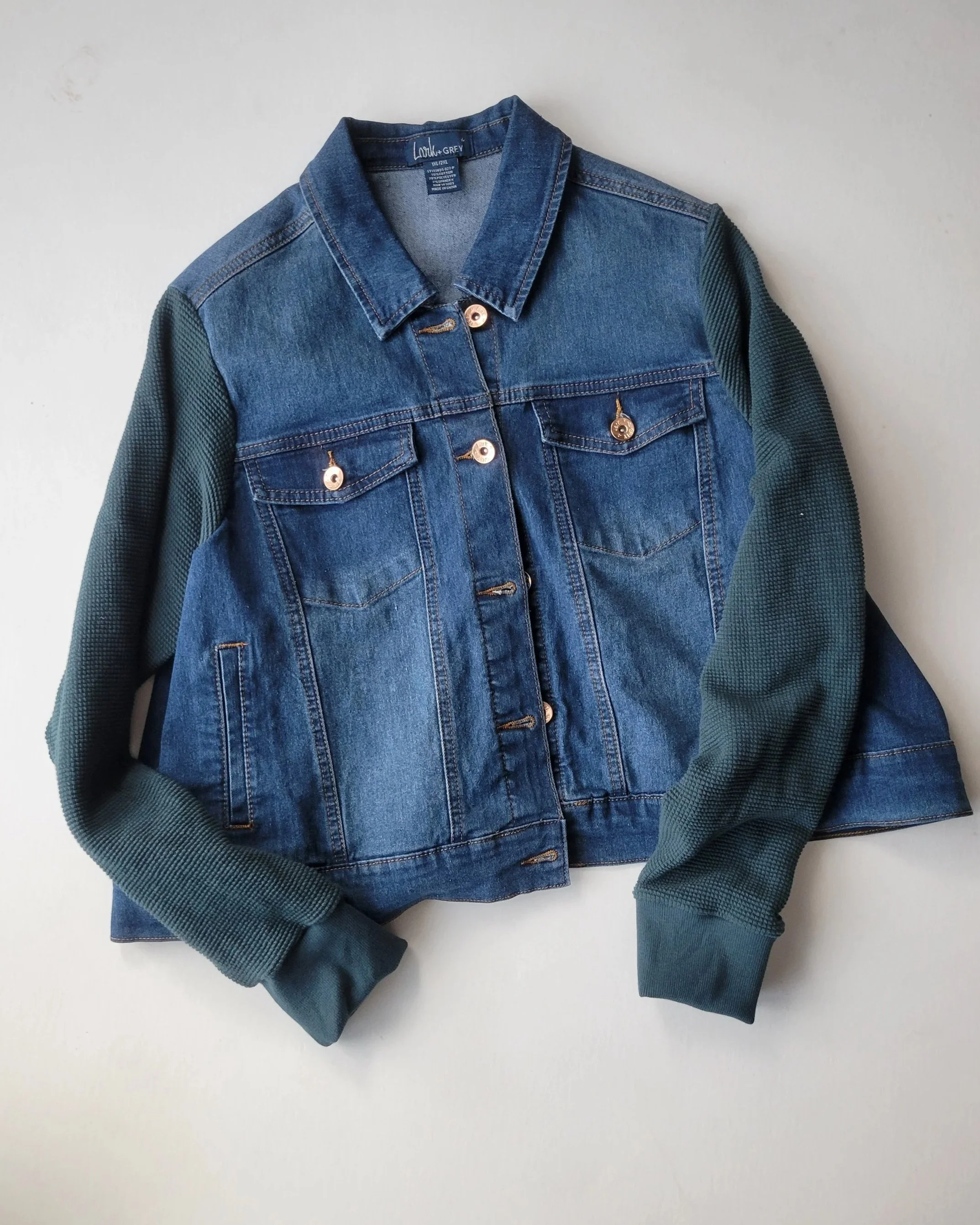 ADULT upcycled jean jacket with Turquoise Sleeves - Size 1XL/2XL