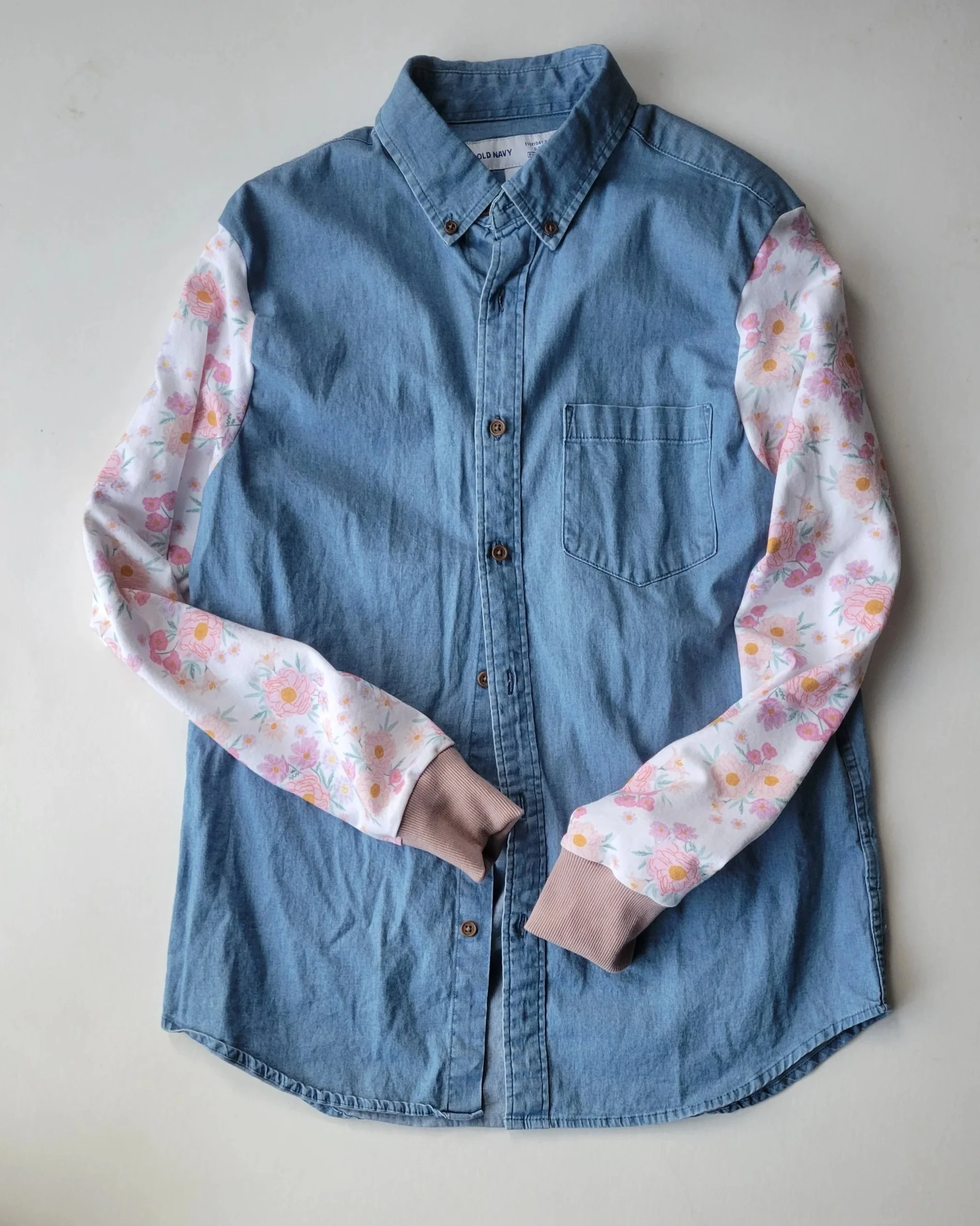 ADULT upcycled jean jacket with Floral Sleeves - Size M