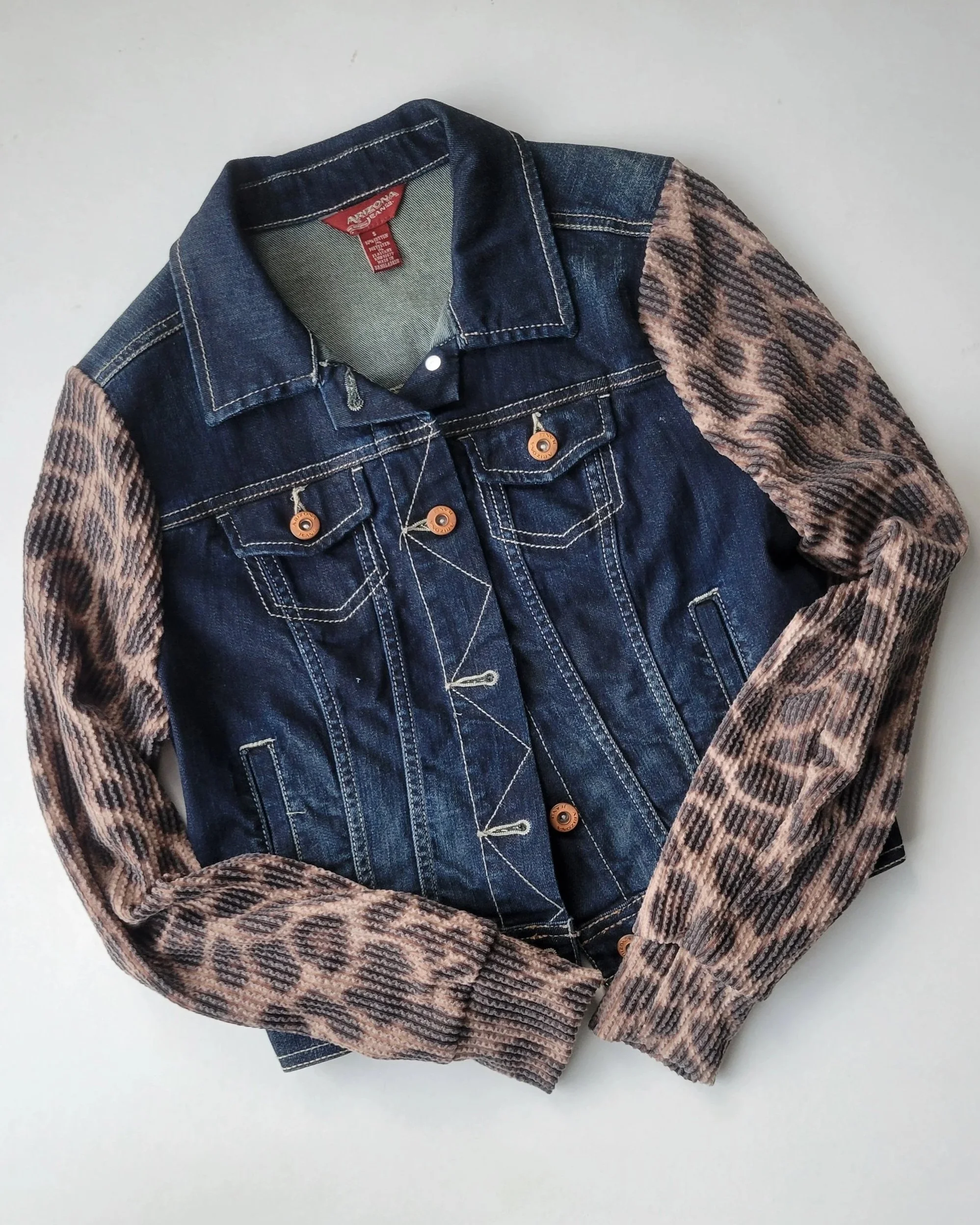 ADULT upckycled jean jacket with Cheetah Sleeves - Size S
