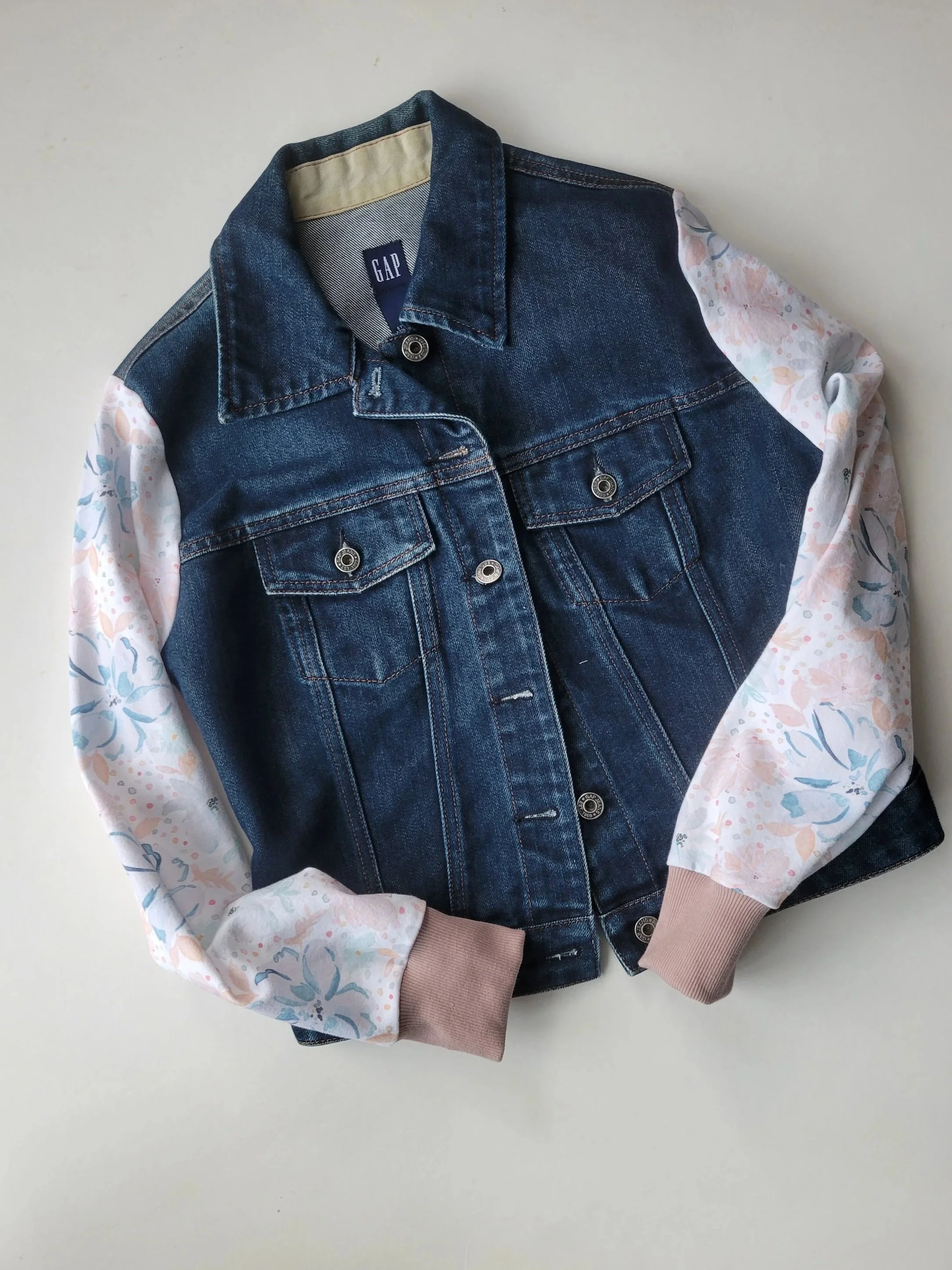 ADULT upcycled jean jacket with floral sleeves - Size XS