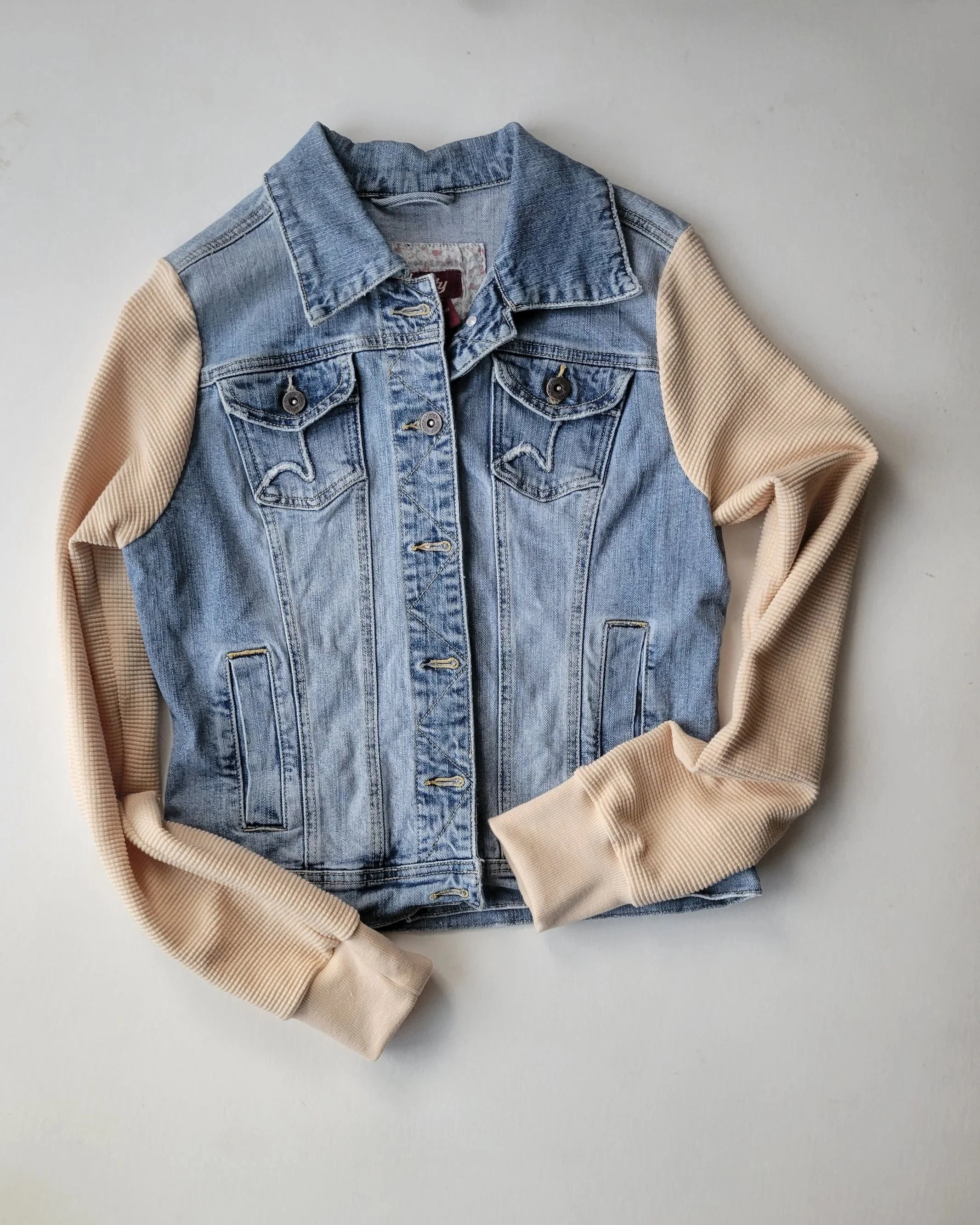 ADULT upcycled jean jacket with Cream Sleeves - Size L