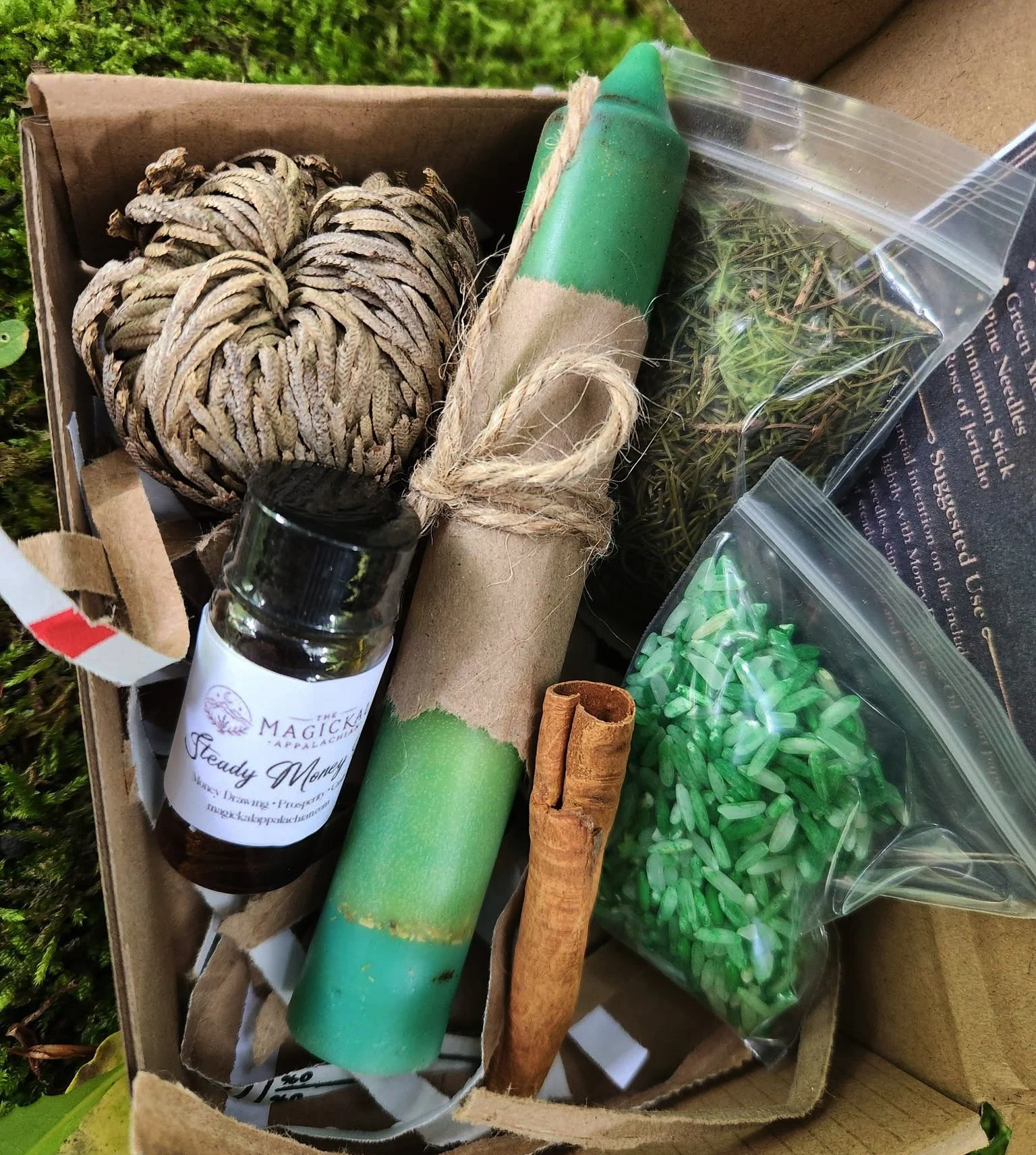 Money manifestation spell kit with fixed money candle, prosperity oil, green rice, cinnamon, pine needles, and Rose of Jericho