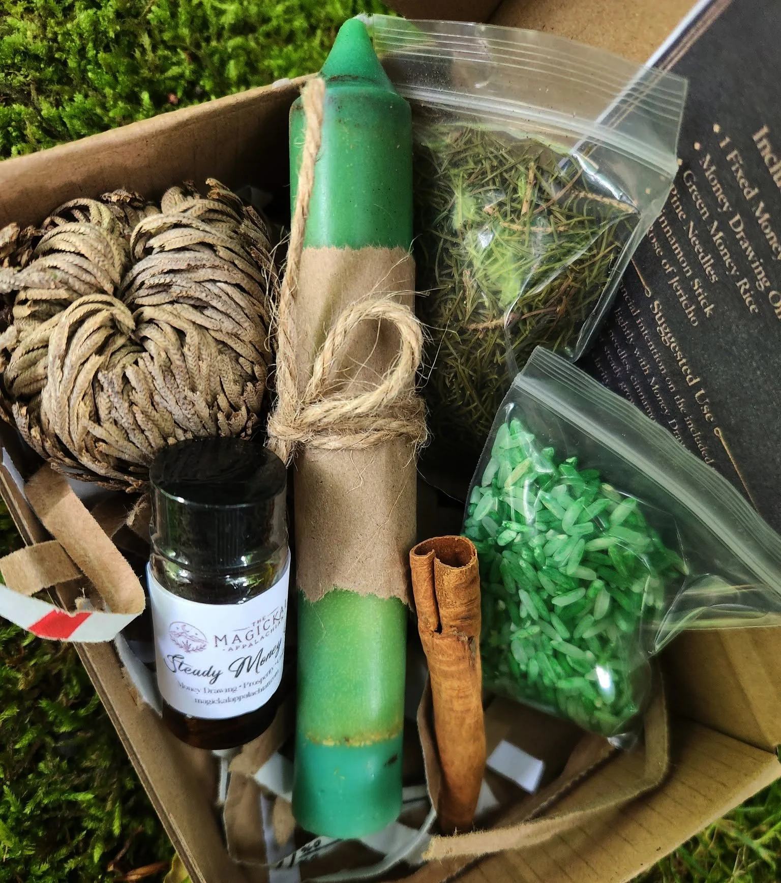Money manifestation spell kit with fixed money candle, prosperity oil, green rice, cinnamon, pine needles, and Rose of Jericho