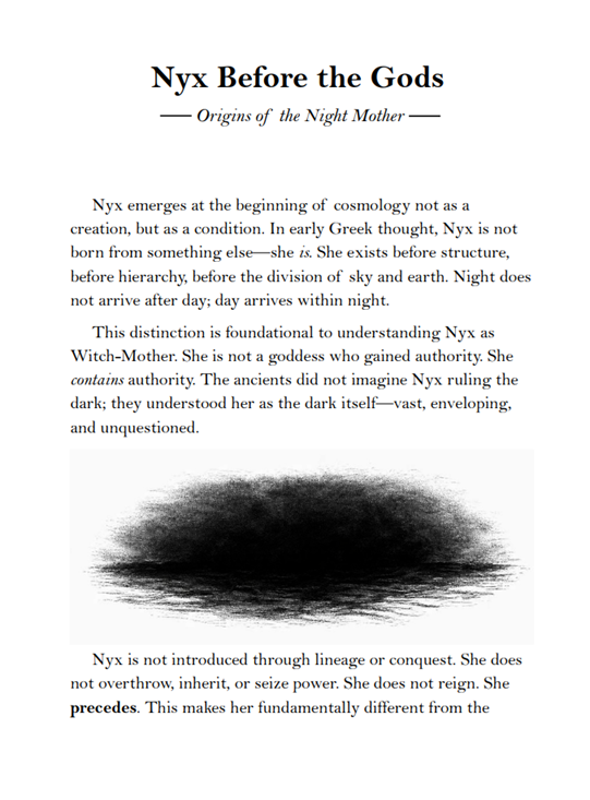 Nyx: The Lady of Primordial Night, a grounded devotional witchcraft book exploring Nyx, night magic, shadow, dreamwork, protection, altar work, and ethical spiritual practice.