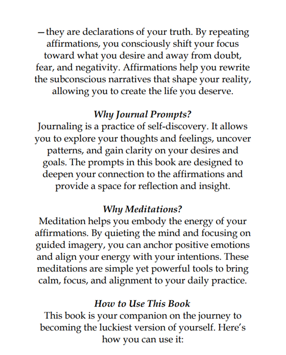 I’m a Lucky Girl, a guided affirmation and manifestation journal with 100 affirmations, journal prompts, and meditations for luck, confidence, joy, and abundance.