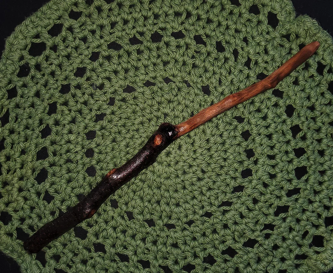 One-of-a-kind Appalachian foraged wood ritual wand, hand cleaned, dried, sanded, and sealed. Wildwood Holler Wand #21 measures 12.5 inches.