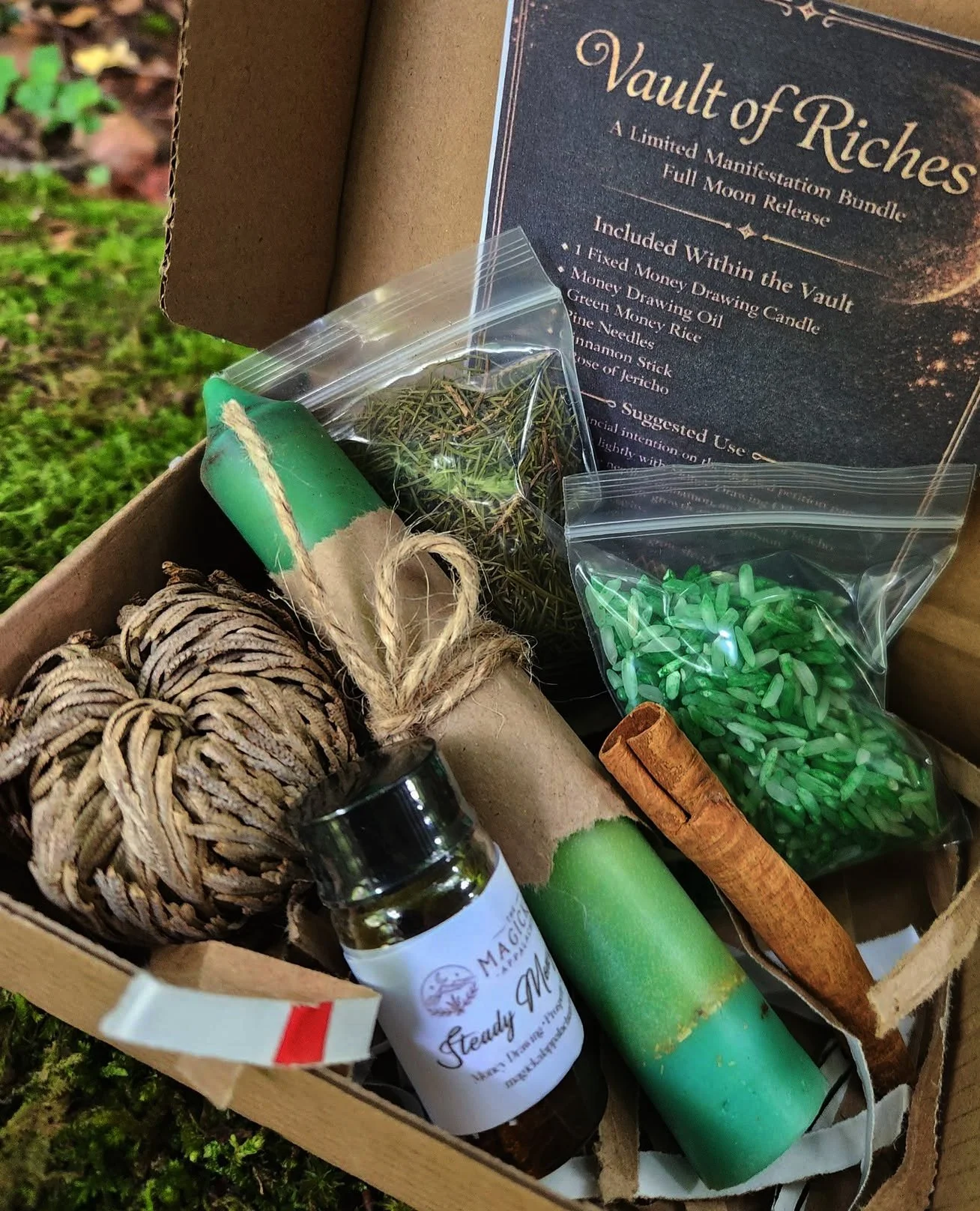 Money manifestation spell kit with fixed money candle, prosperity oil, green rice, cinnamon, pine needles, and Rose of Jericho