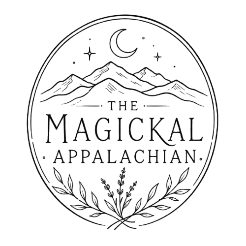 Logo of The Magickal Appalachian featuring mountain peaks, a crescent moon, stars, and foliage.