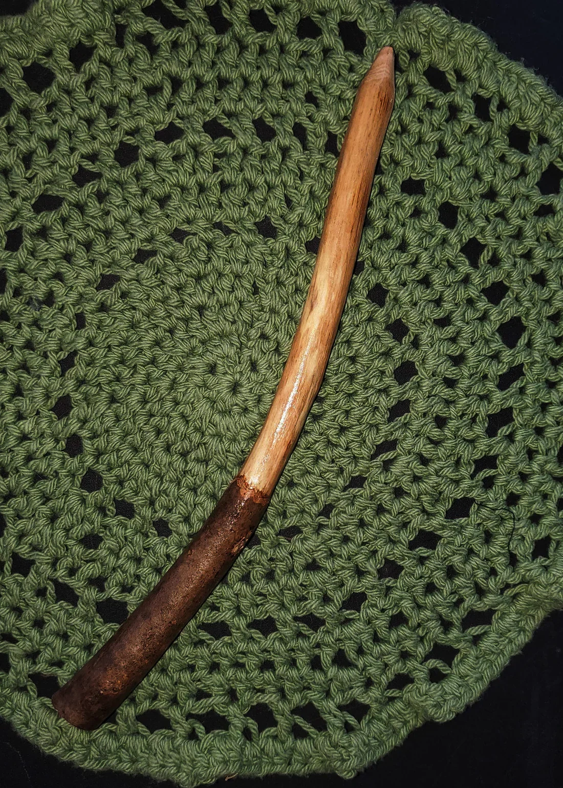 Wildwood Holler Wand #18, an Appalachian foraged wood ritual wand with a natural bark handle, smooth pale upper body, gentle curve, and pointed tip.