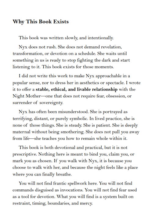 Nyx: The Lady of Primordial Night, a grounded devotional witchcraft book exploring Nyx, night magic, shadow, dreamwork, protection, altar work, and ethical spiritual practice.