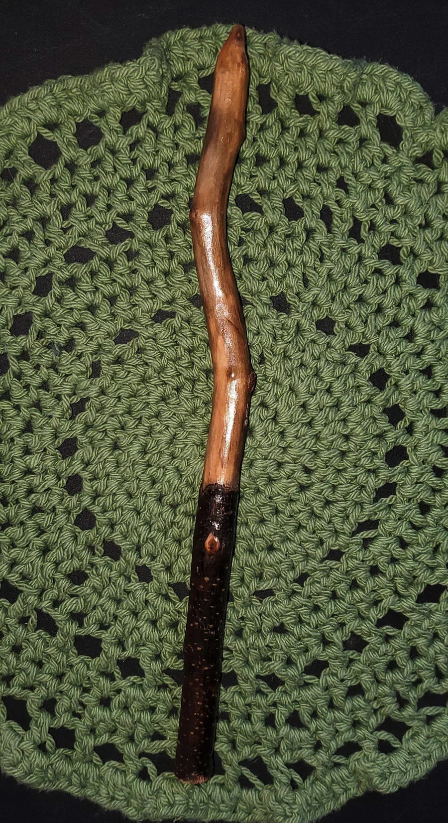 One-of-a-kind Appalachian foraged wood ritual wand, hand cleaned, dried, sanded, and sealed. Wildwood Holler Wand #14 measures 12.5 inches.