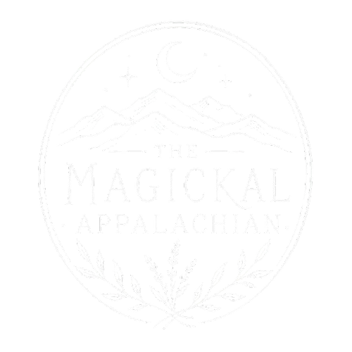 A circular logo with mountain peaks, a crescent moon, and stars, containing the text 'The Magickal Appalachian' with decorative leaves at the bottom.