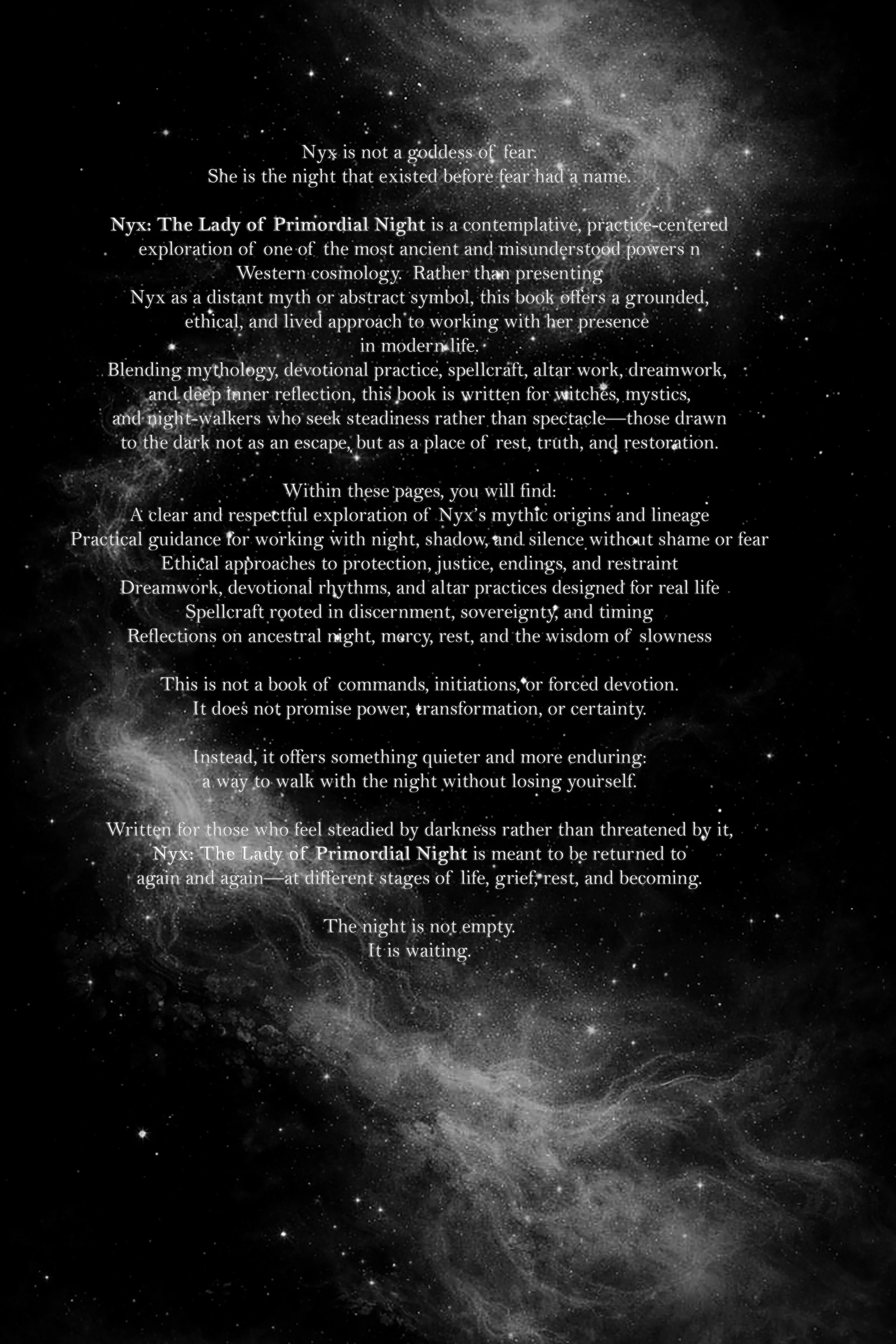Nyx: The Lady of Primordial Night, a grounded devotional witchcraft book exploring Nyx, night magic, shadow, dreamwork, protection, altar work, and ethical spiritual practice.