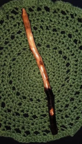 Wildwood Holler Wand #15, an Appalachian foraged wood ritual wand with a dark natural handle, warm polished upper body, gentle curve, and pointed tip.