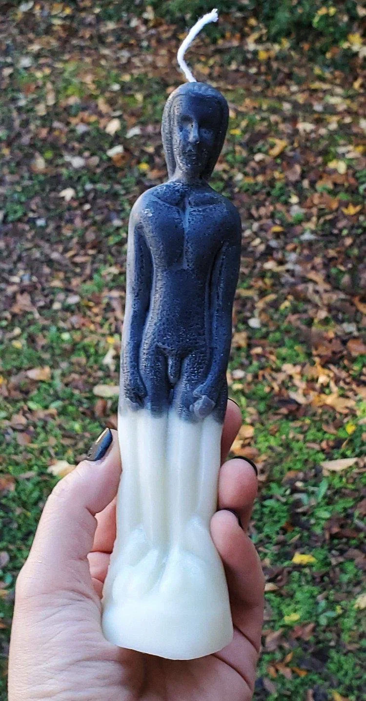 Hand-poured beeswax double action reversal figure candle for uncrossing and return-to-sender work.