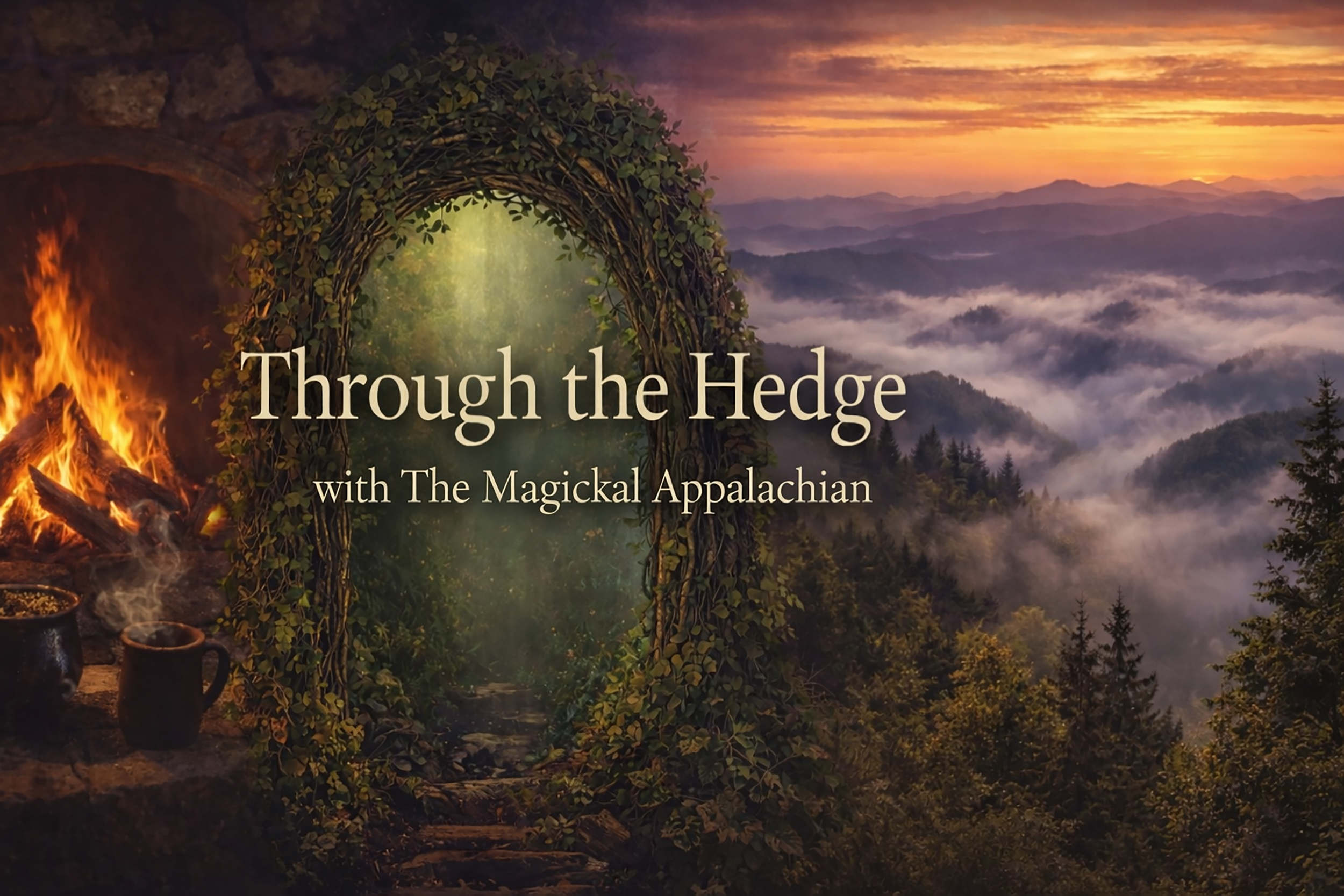A mountain landscape during sunset with fog covered valleys, a natural archway covered in greenery, and a campfire with two mugs on a rock near the arch.