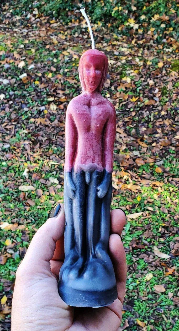 Hand-poured beeswax double action reversal figure candle for uncrossing and return-to-sender work.