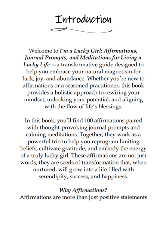 I’m a Lucky Girl, a guided affirmation and manifestation journal with 100 affirmations, journal prompts, and meditations for luck, confidence, joy, and abundance.