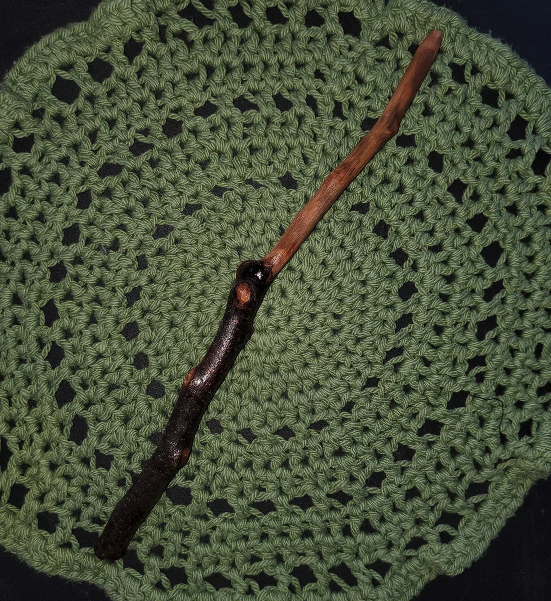 One-of-a-kind Appalachian foraged wood ritual wand, hand cleaned, dried, sanded, and sealed. Wildwood Holler Wand #21 measures 12.5 inches.