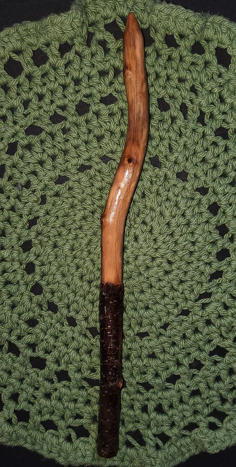One-of-a-kind Appalachian foraged wood ritual wand, hand cleaned, dried, sanded, and sealed. Wildwood Holler Wand #14 measures 12.5 inches.