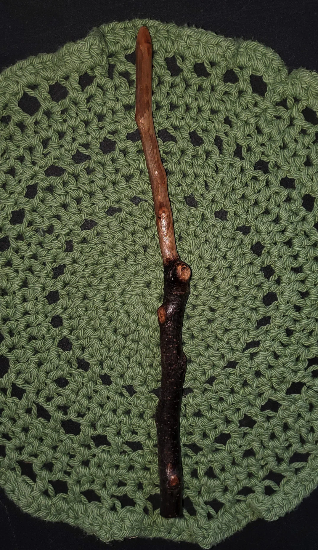 One-of-a-kind Appalachian foraged wood ritual wand, hand cleaned, dried, sanded, and sealed. Wildwood Holler Wand #21 measures 12.5 inches.
