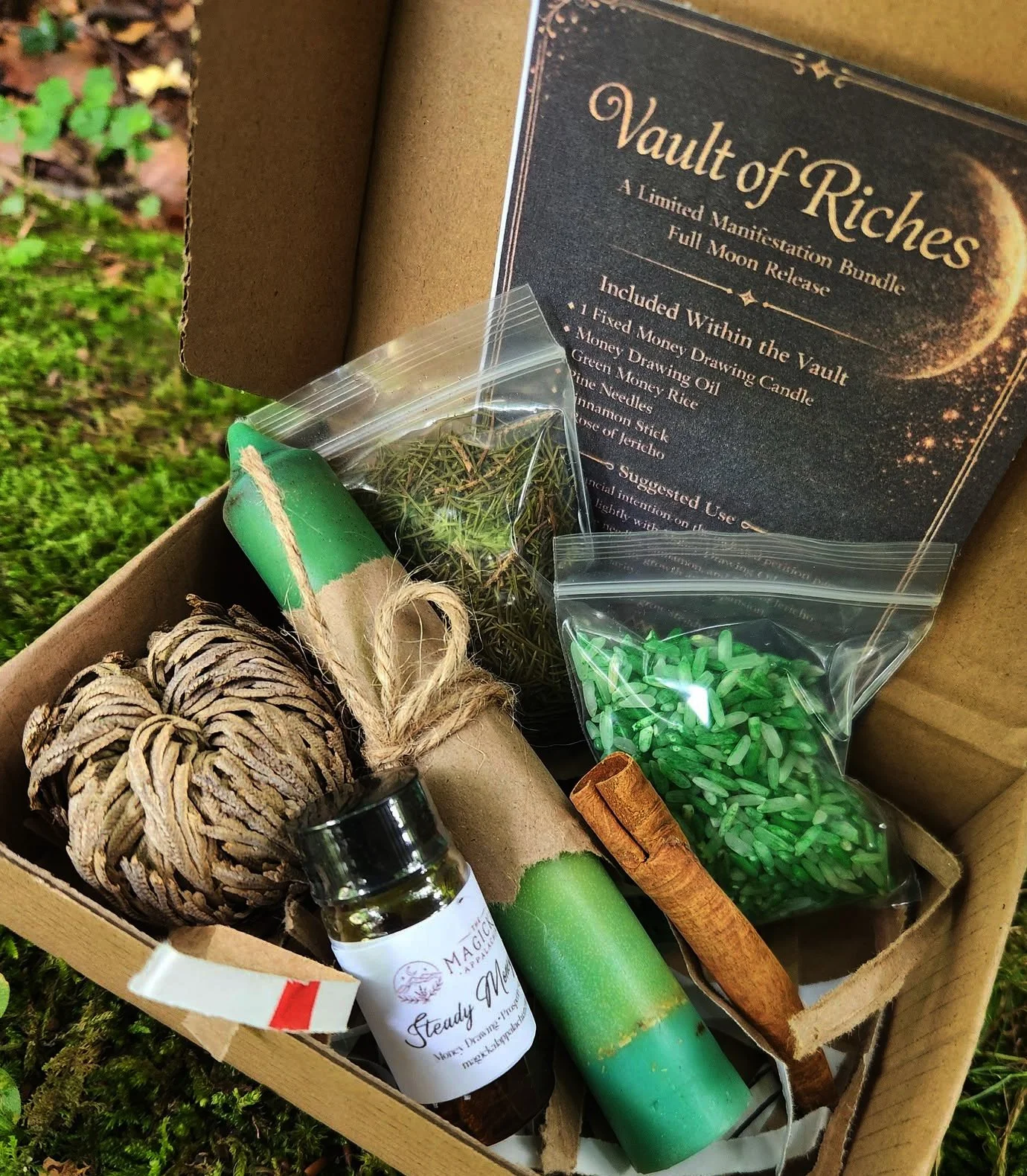 Money manifestation spell kit with fixed money candle, prosperity oil, green rice, cinnamon, pine needles, and Rose of Jericho