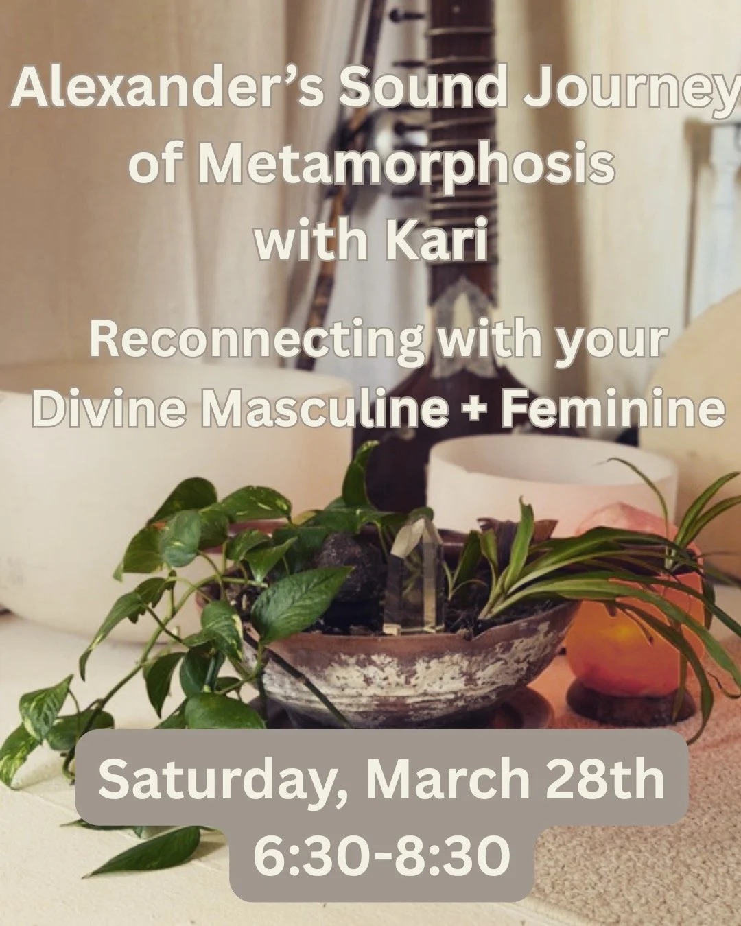 Alexander&rsquo;s Sound Journey of Metamorphosis with Kari
Reconnecting with your Divine Masculine + Feminine

Saturday, March 28th from 6:30-8:30
The Shepard&rsquo;s Center of Winston-Salem
$40

For this event, Kari Foster will be performing with Al