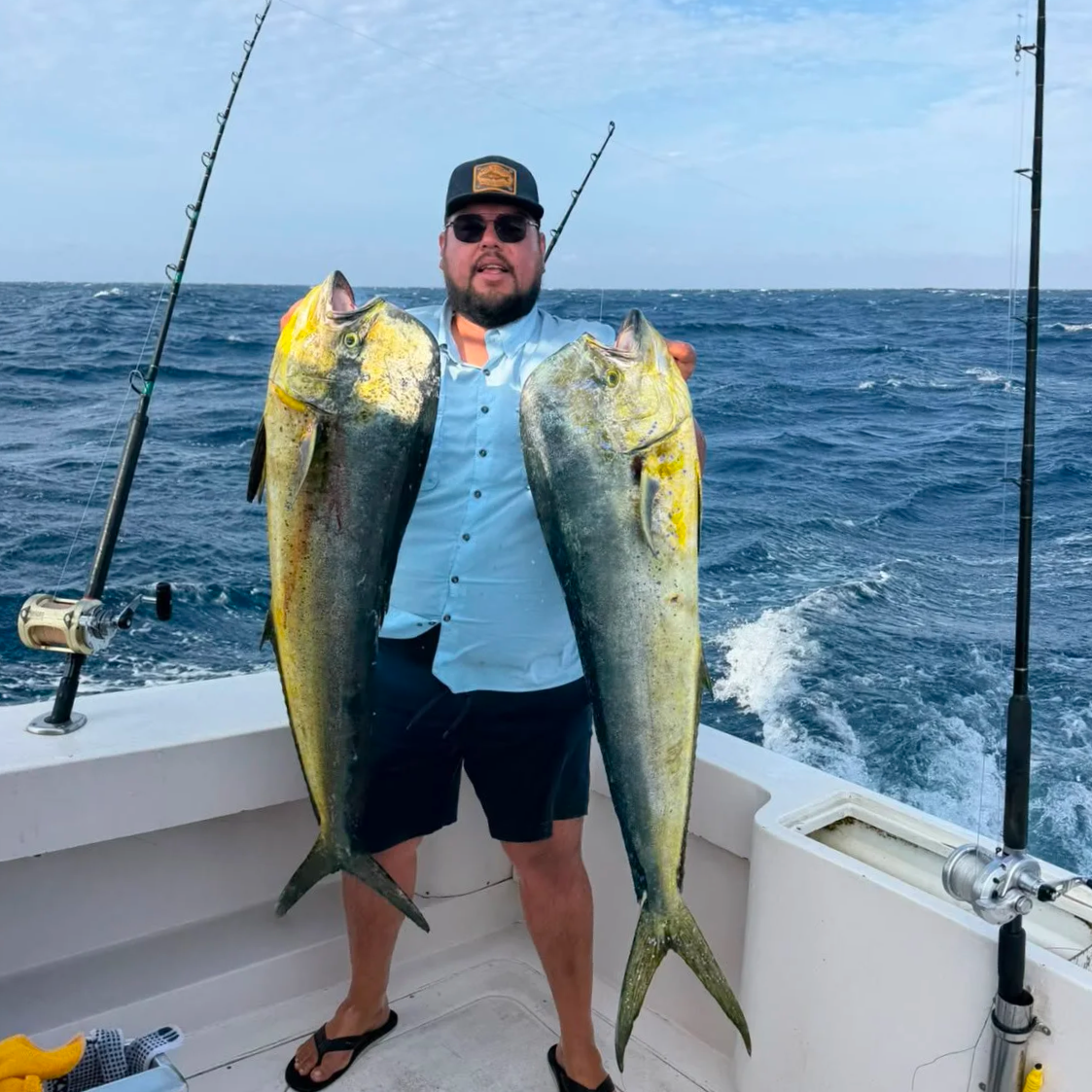 Bull mahi-mahi (dorado) landed offshore on a Top Anglers charter, Cabo San Lucas, early June 2026